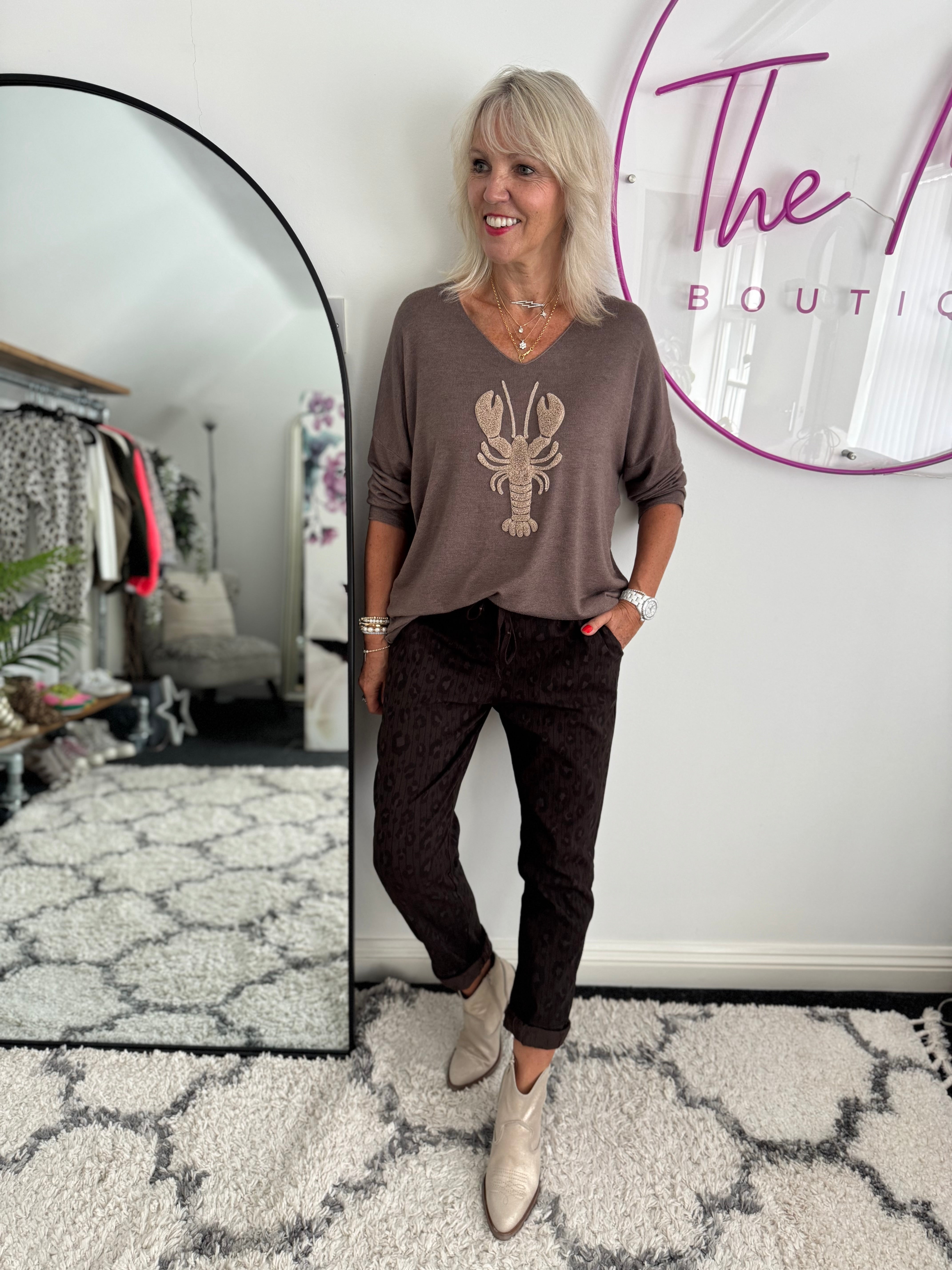 Leopard & Stripe Stretch Joggers in Chocolate Brown