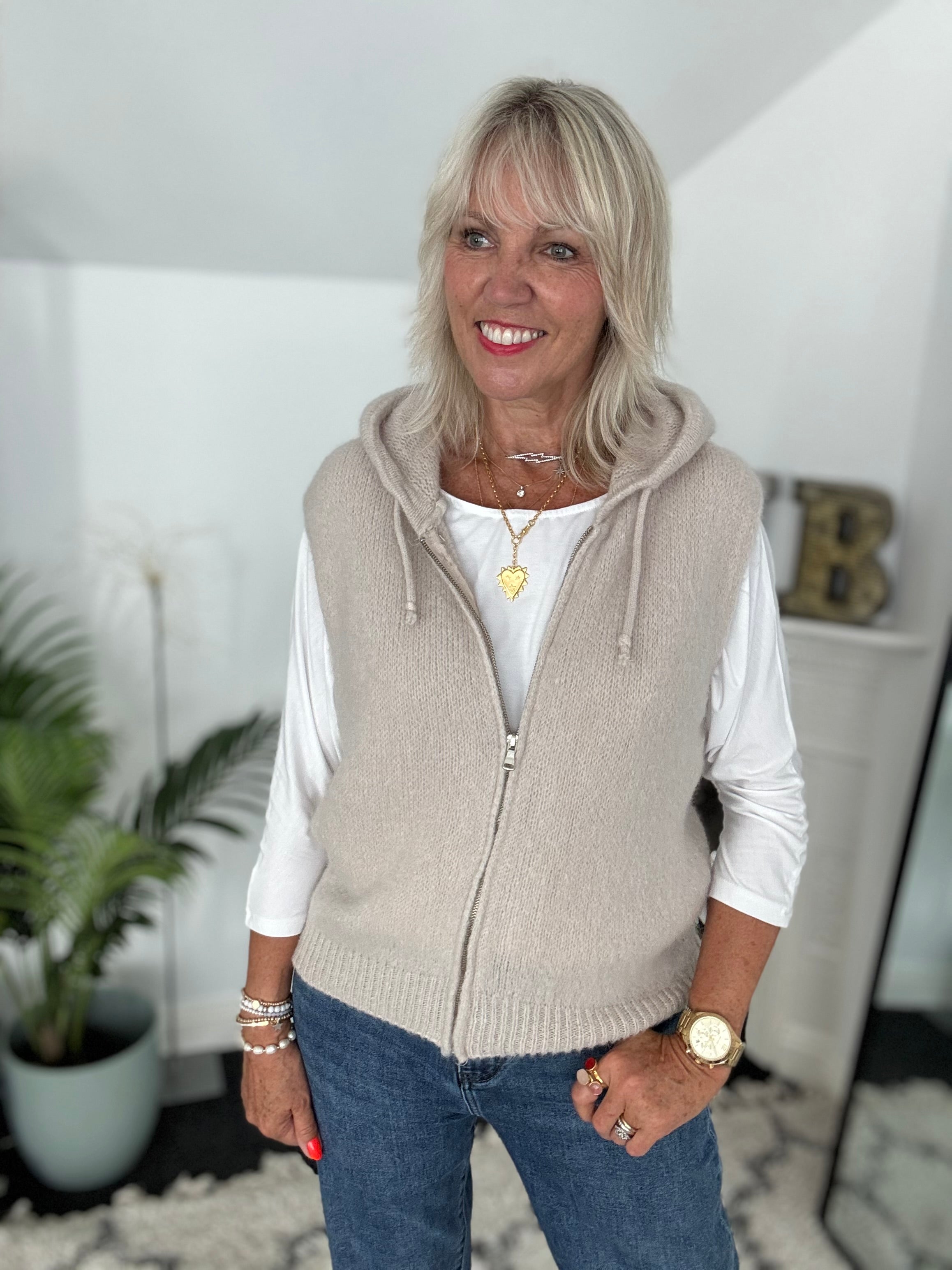 Hooded Mohair Gilet in Stone