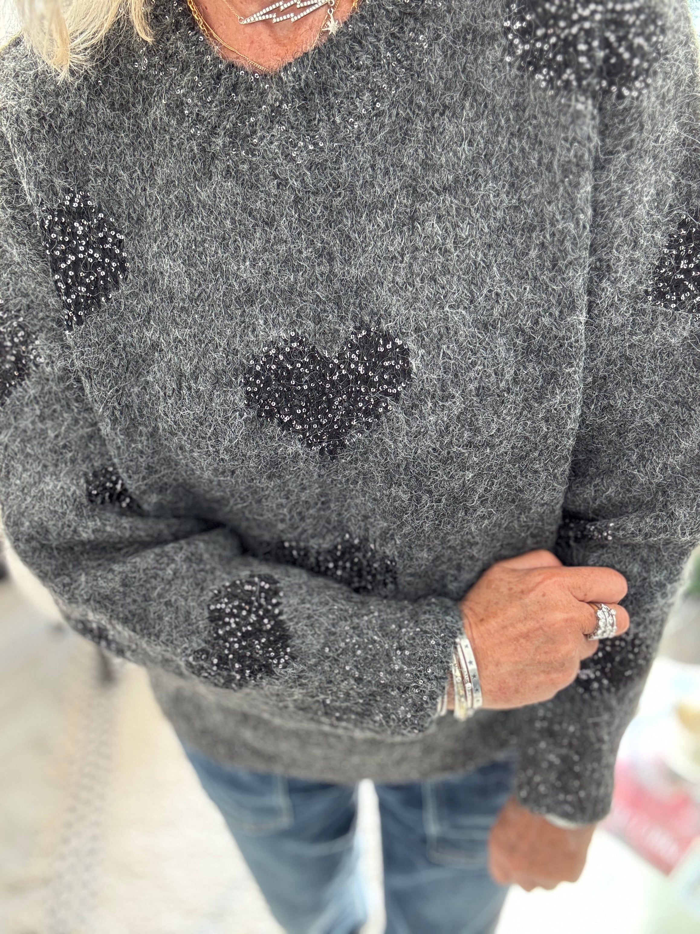 Sequin Heart Jumper in Charcoal