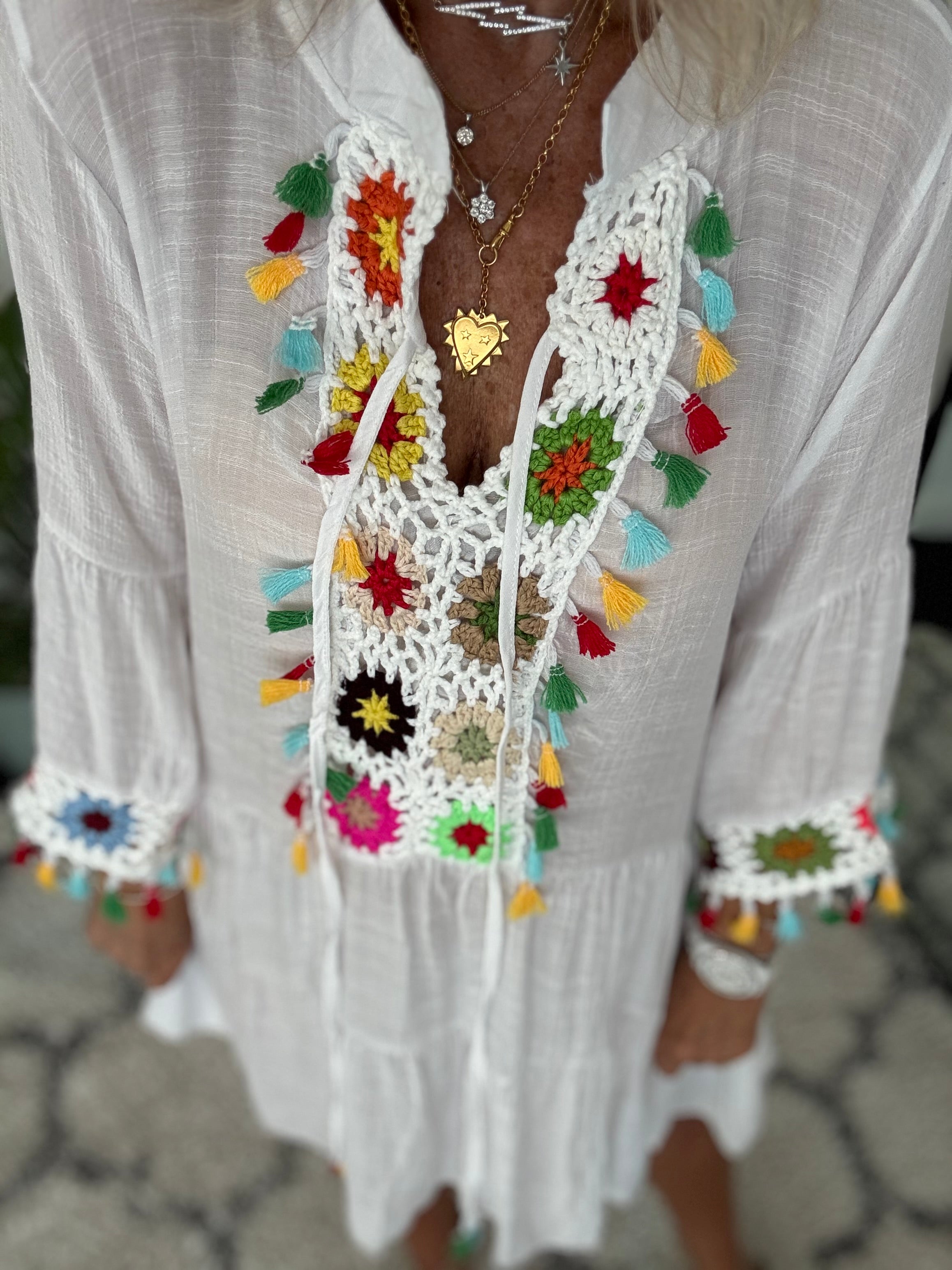 Cotton Mix Sundress with Crochet Detail in White
