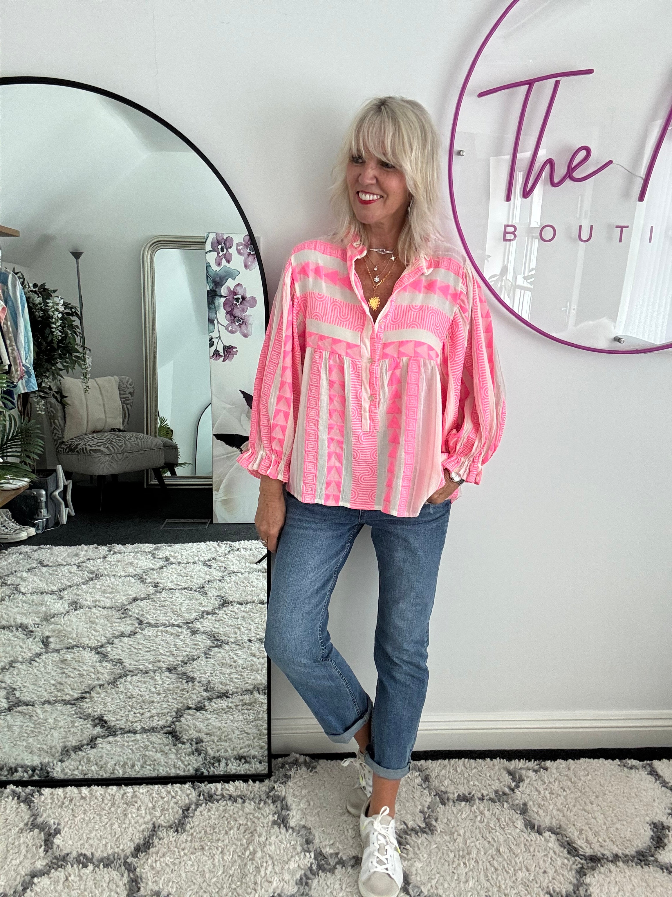 Embroidered Shirt in Neon Pink & Ivory
