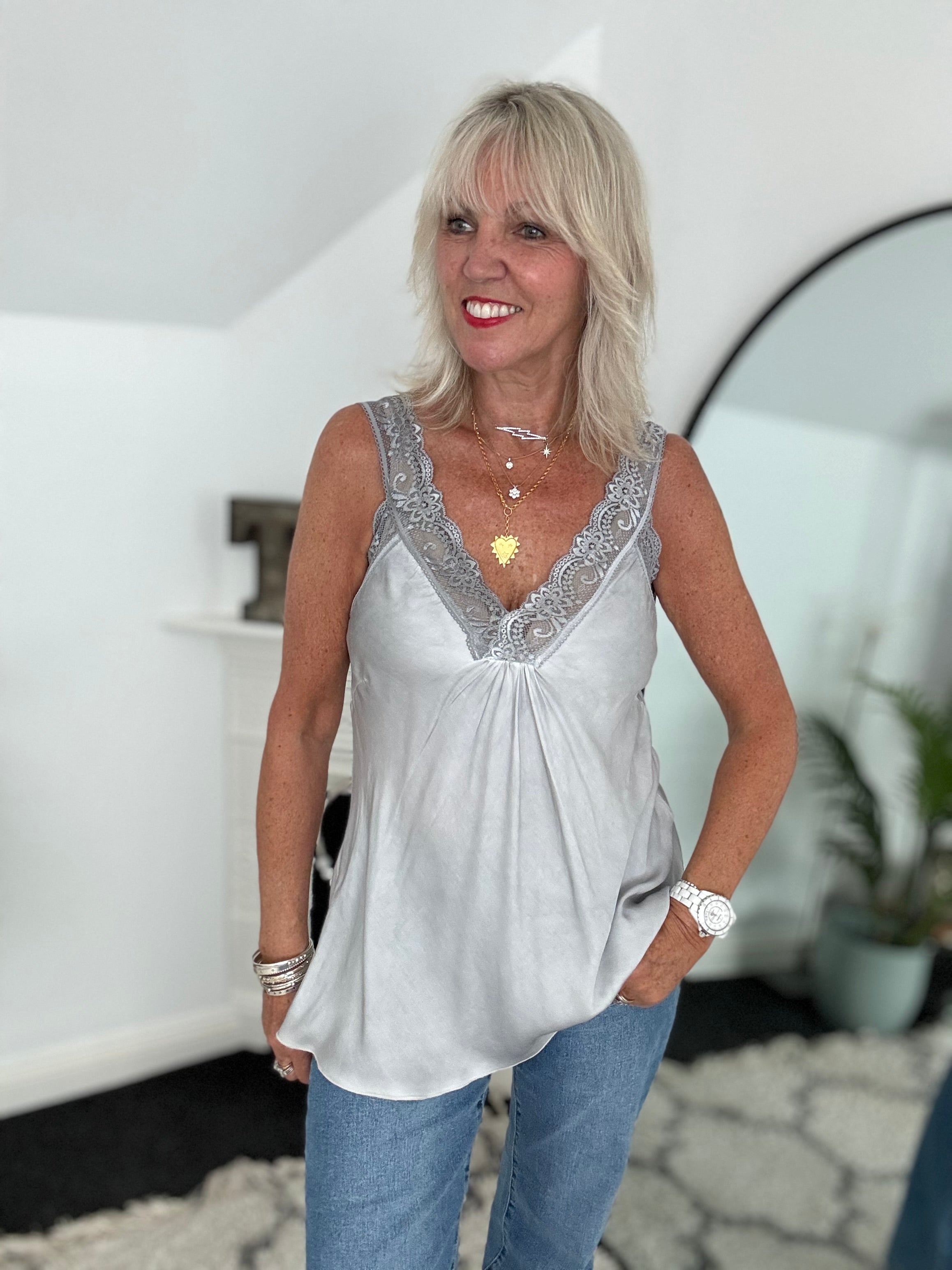Lace Trim Silky Vest in Silver Grey