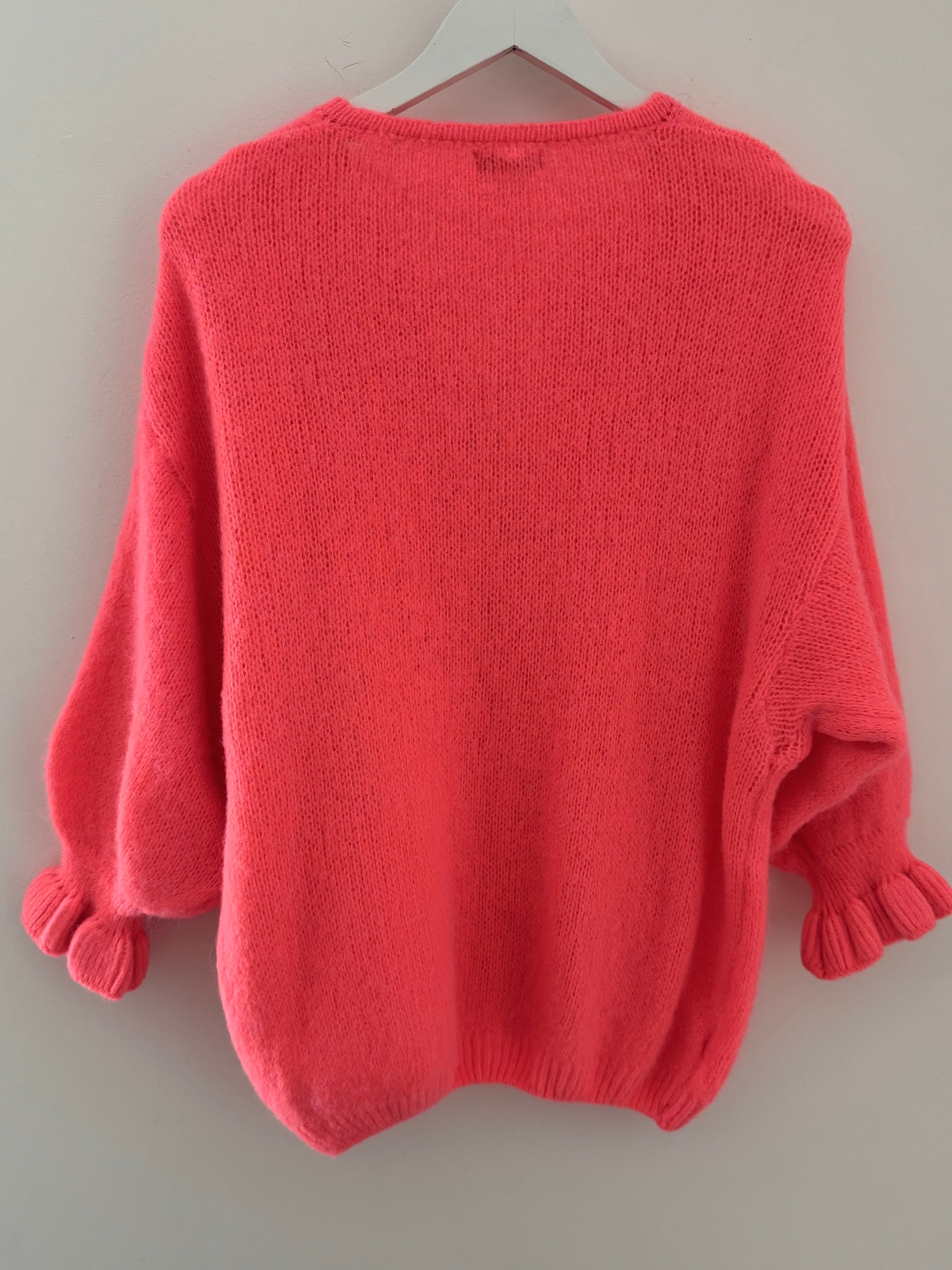 Alpaca Cardi with Frill Cuffs in Neon Coral