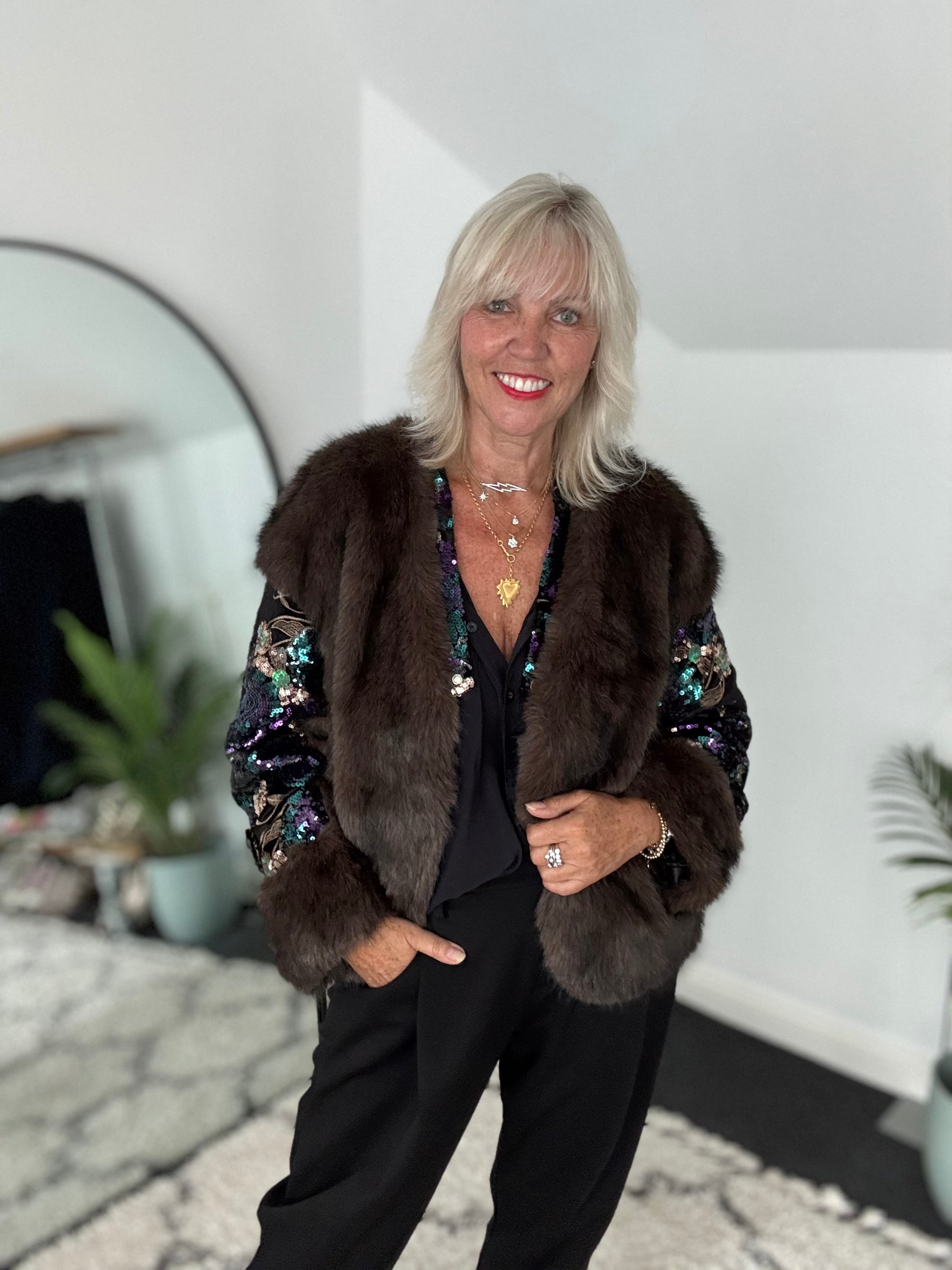 Faux Fur Jacket with Sequin Sleeves