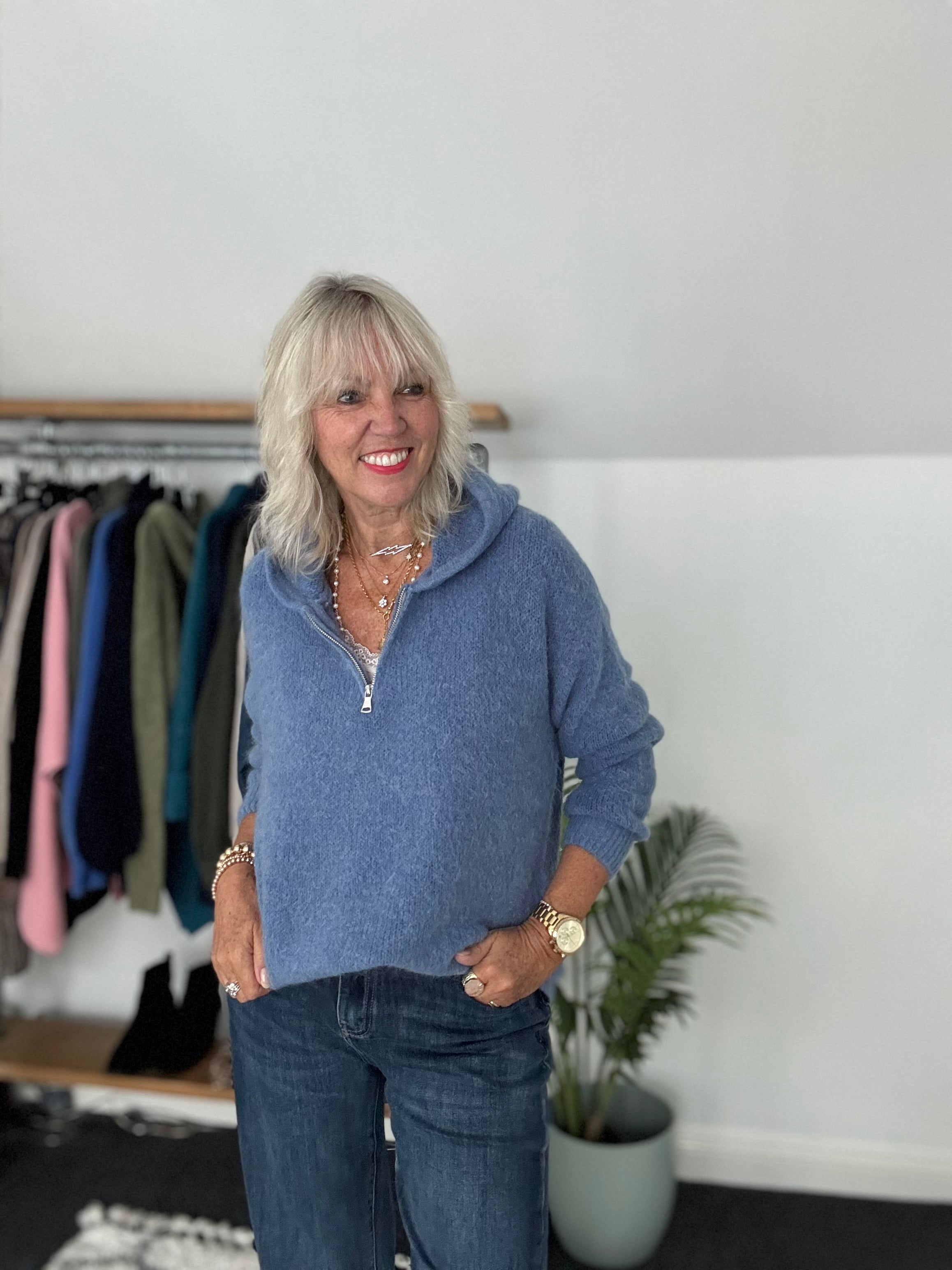 Hooded Mohair Jumper in Denim Blue