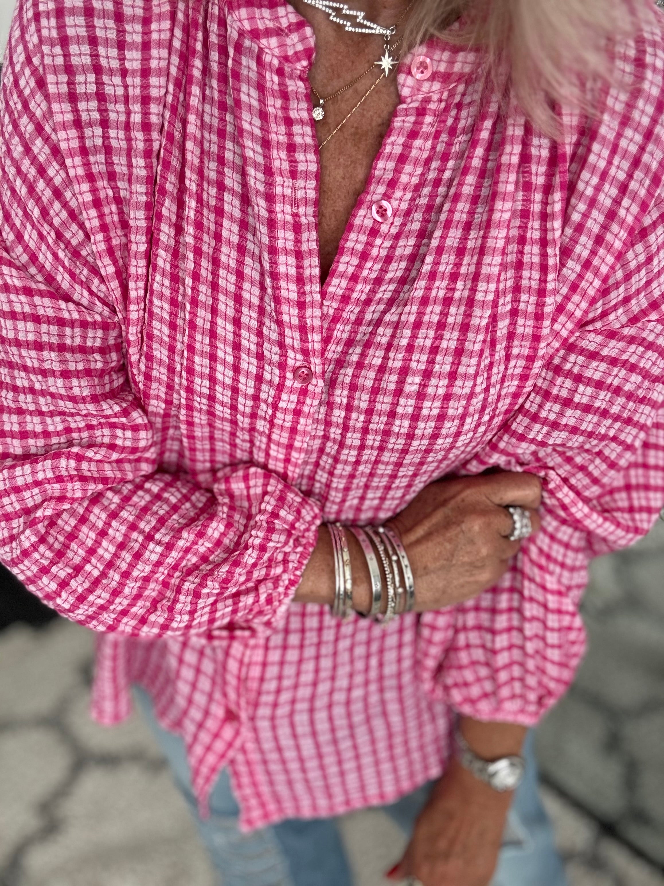 Gingham Seersucker Blouse in Raspberry