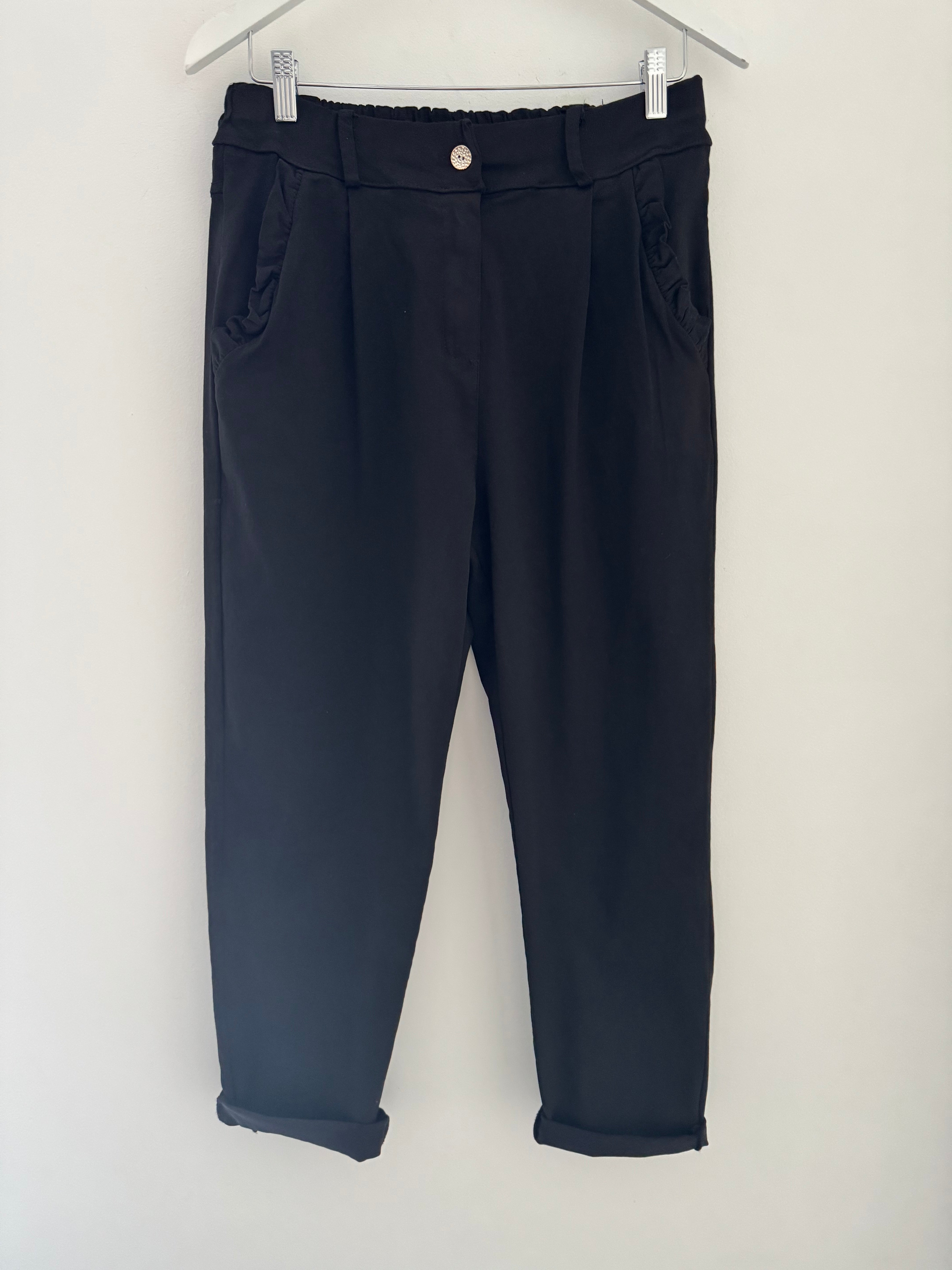 Luxe Stretch Trousers with Ruffle Pocket in Black