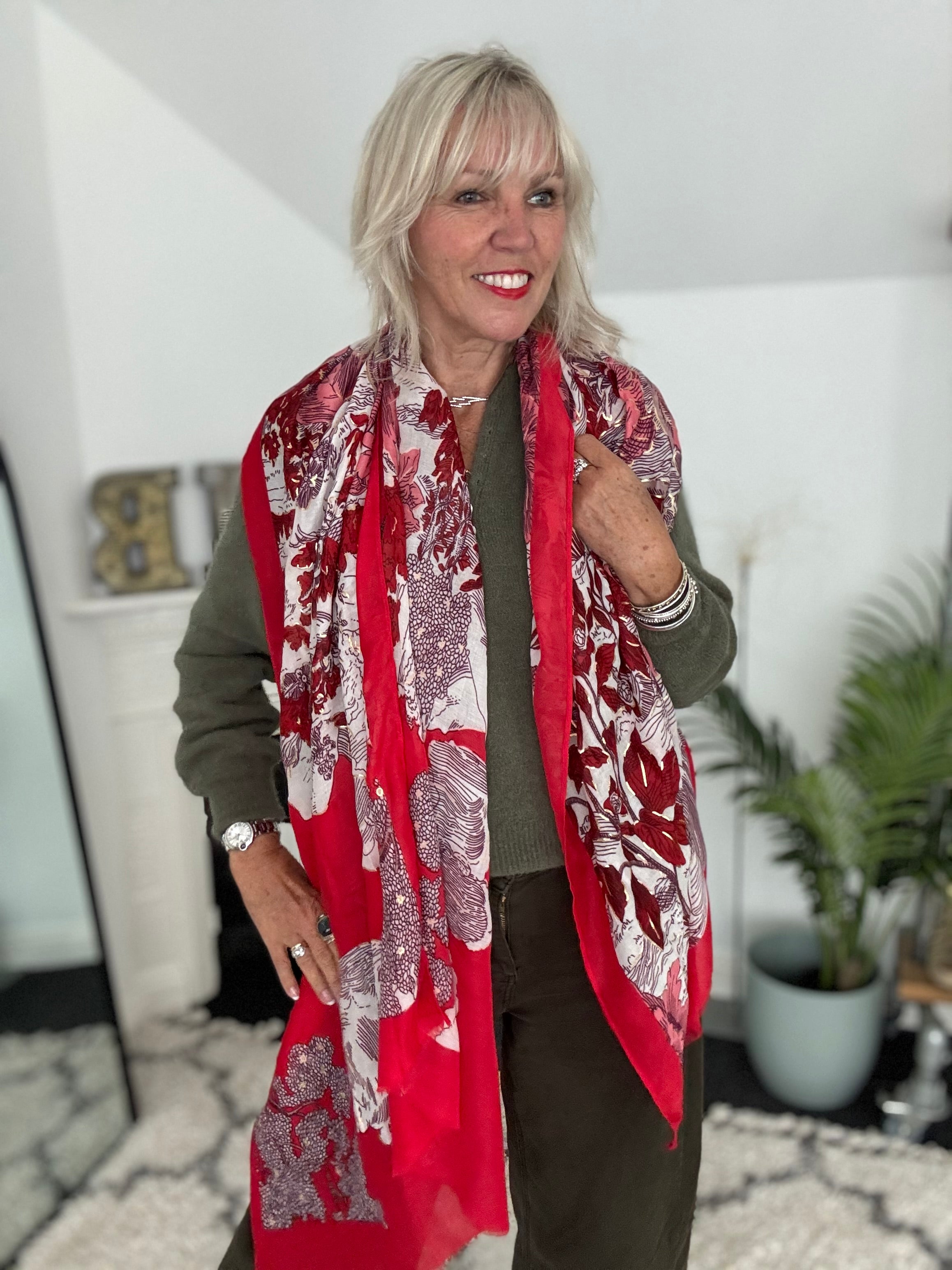 Stunning Leaf Scarf In Red & Pink