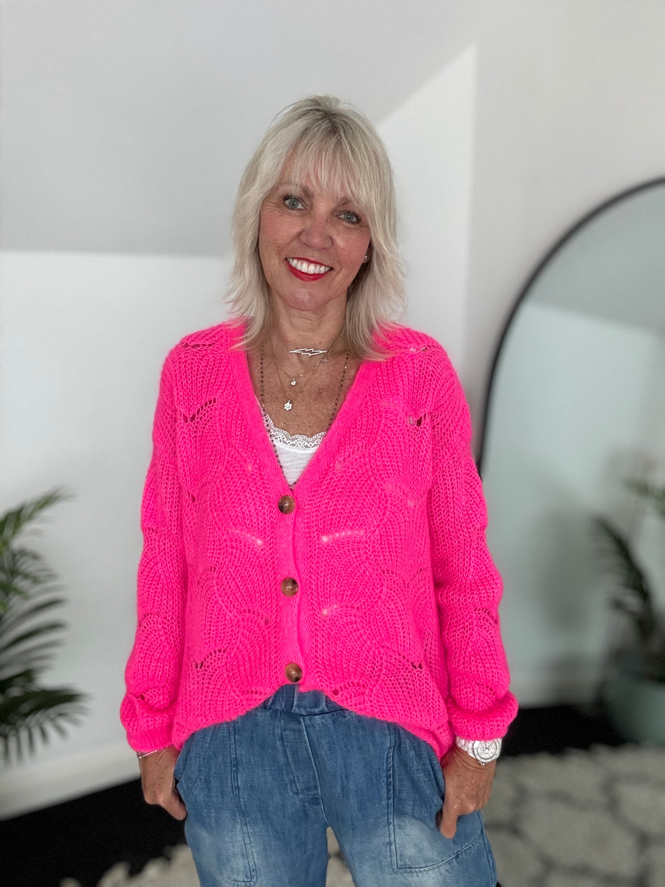 Lace Mohair Cardi in Neon Pink