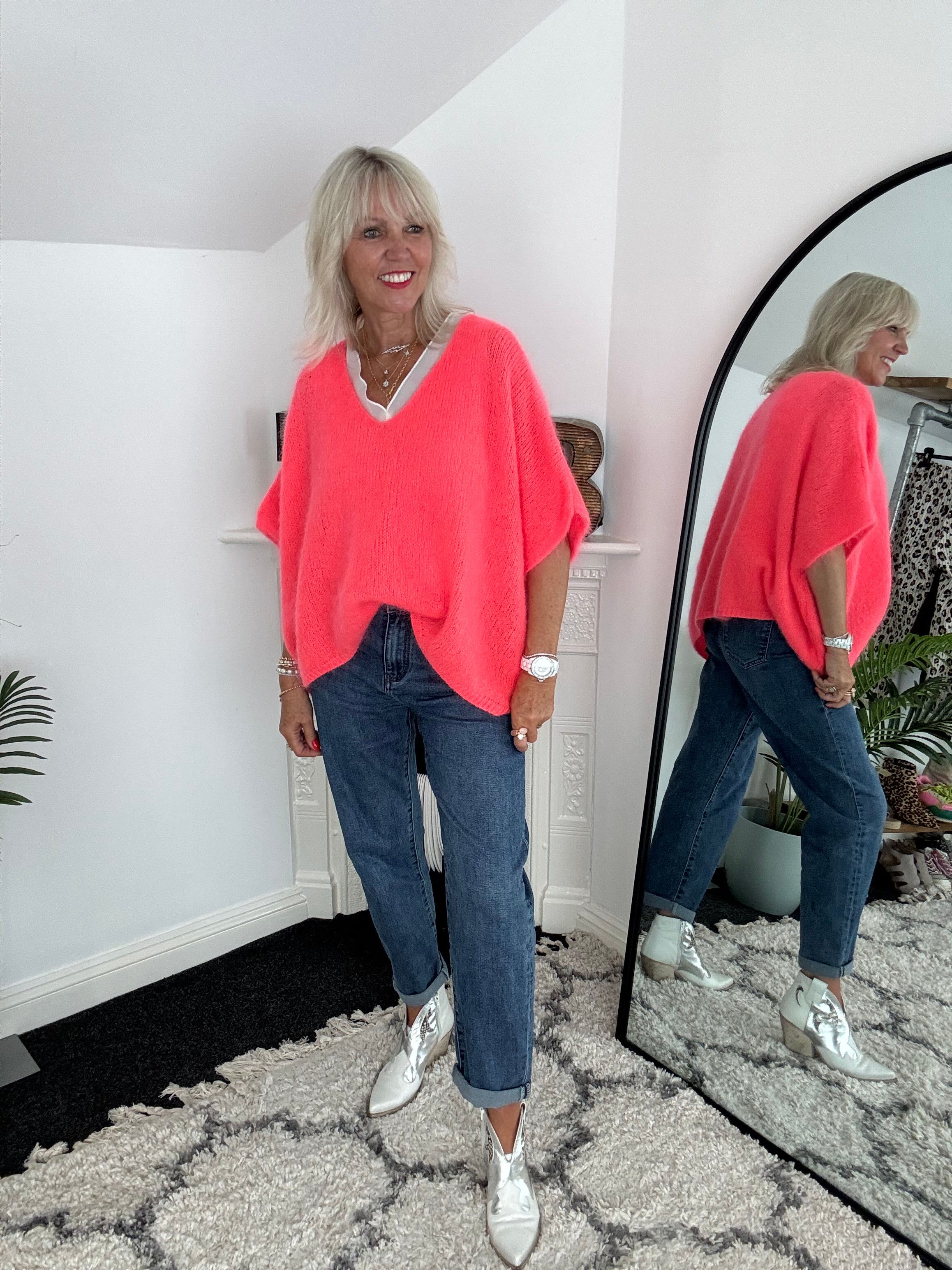 Oversized Mohair V Neck Tank in Neon Coral