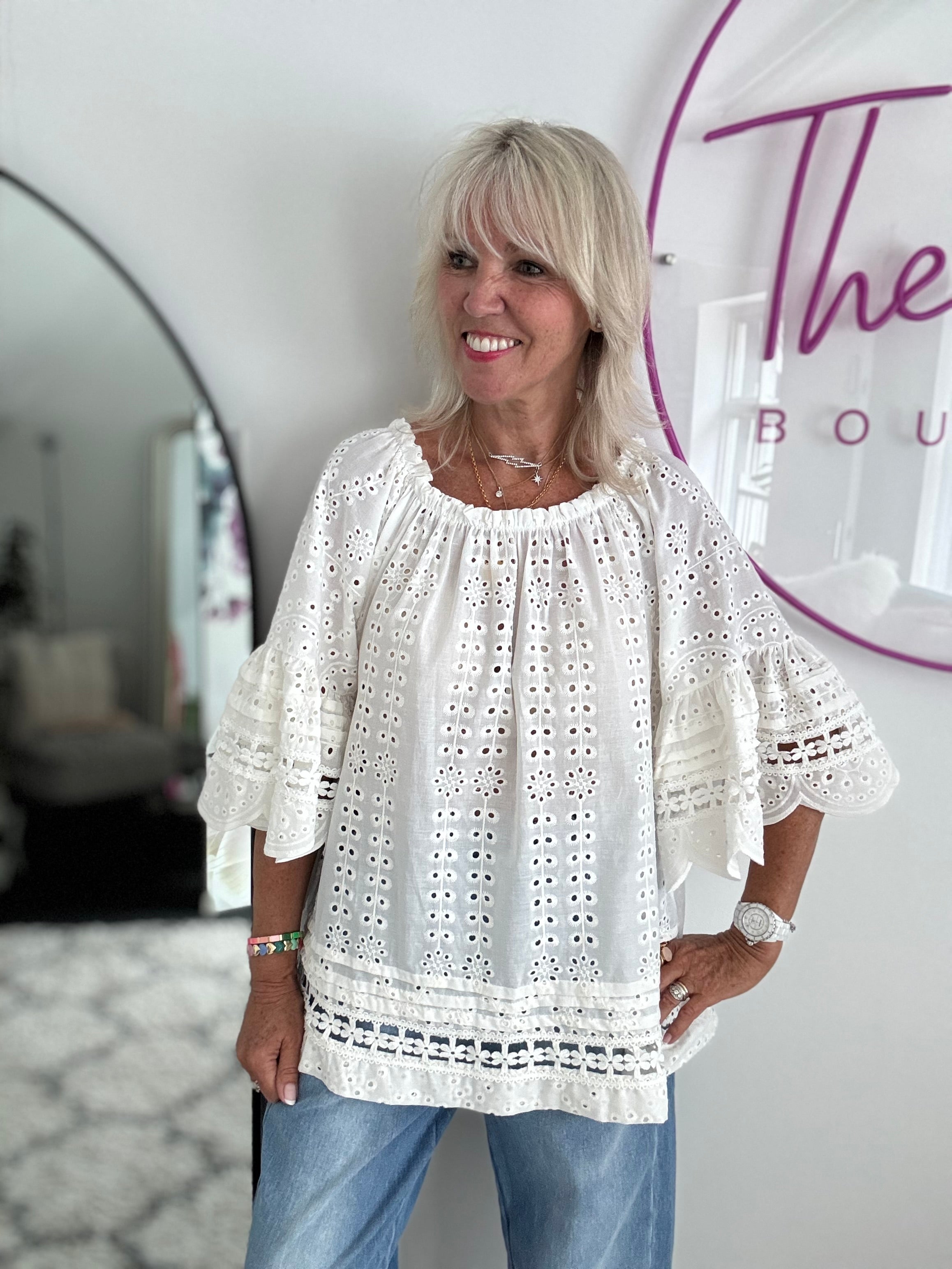 Designer Broderie Anglaise Top in Ivory