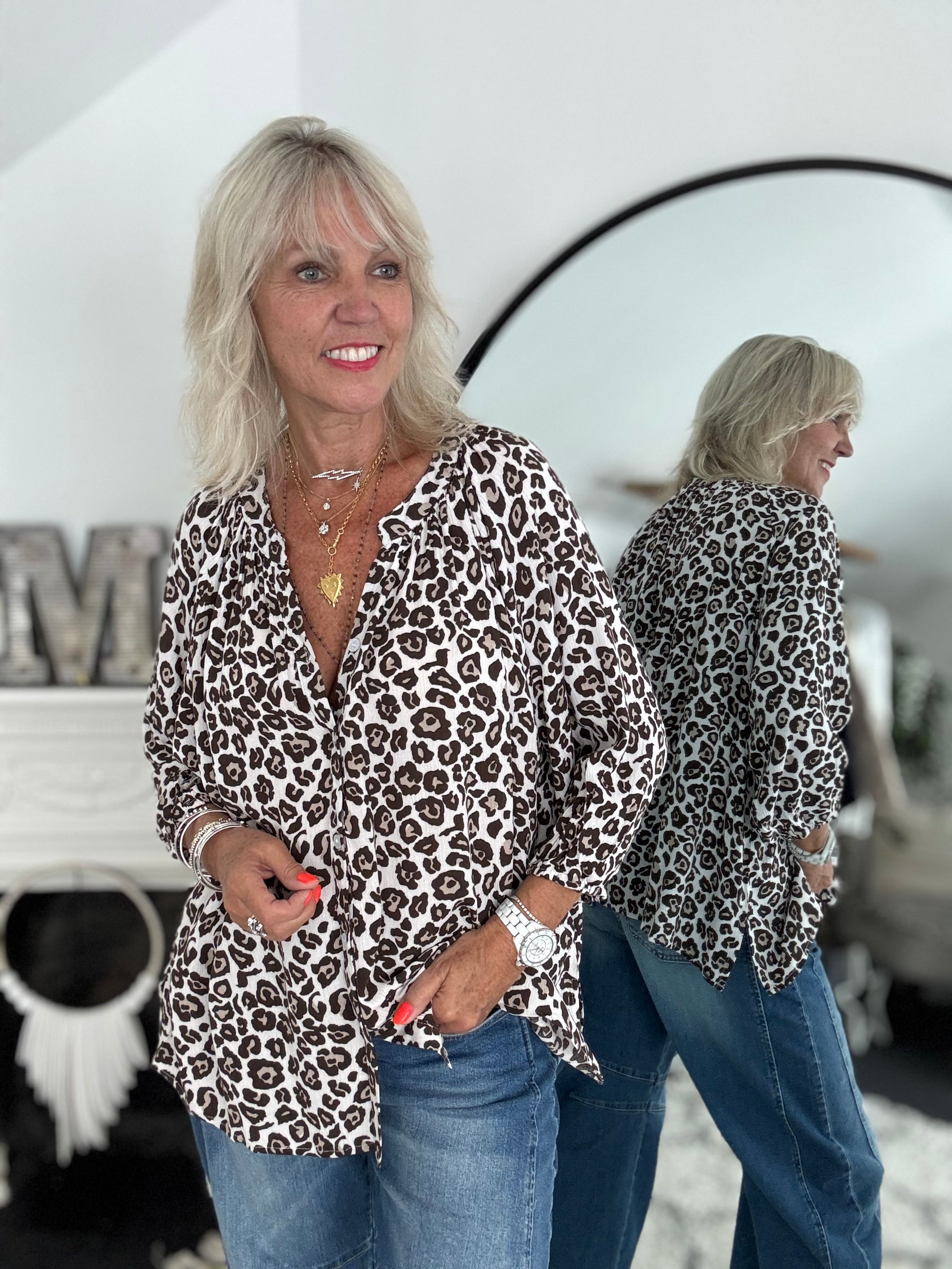 Leopard Print Blouse in Ivory & Brown