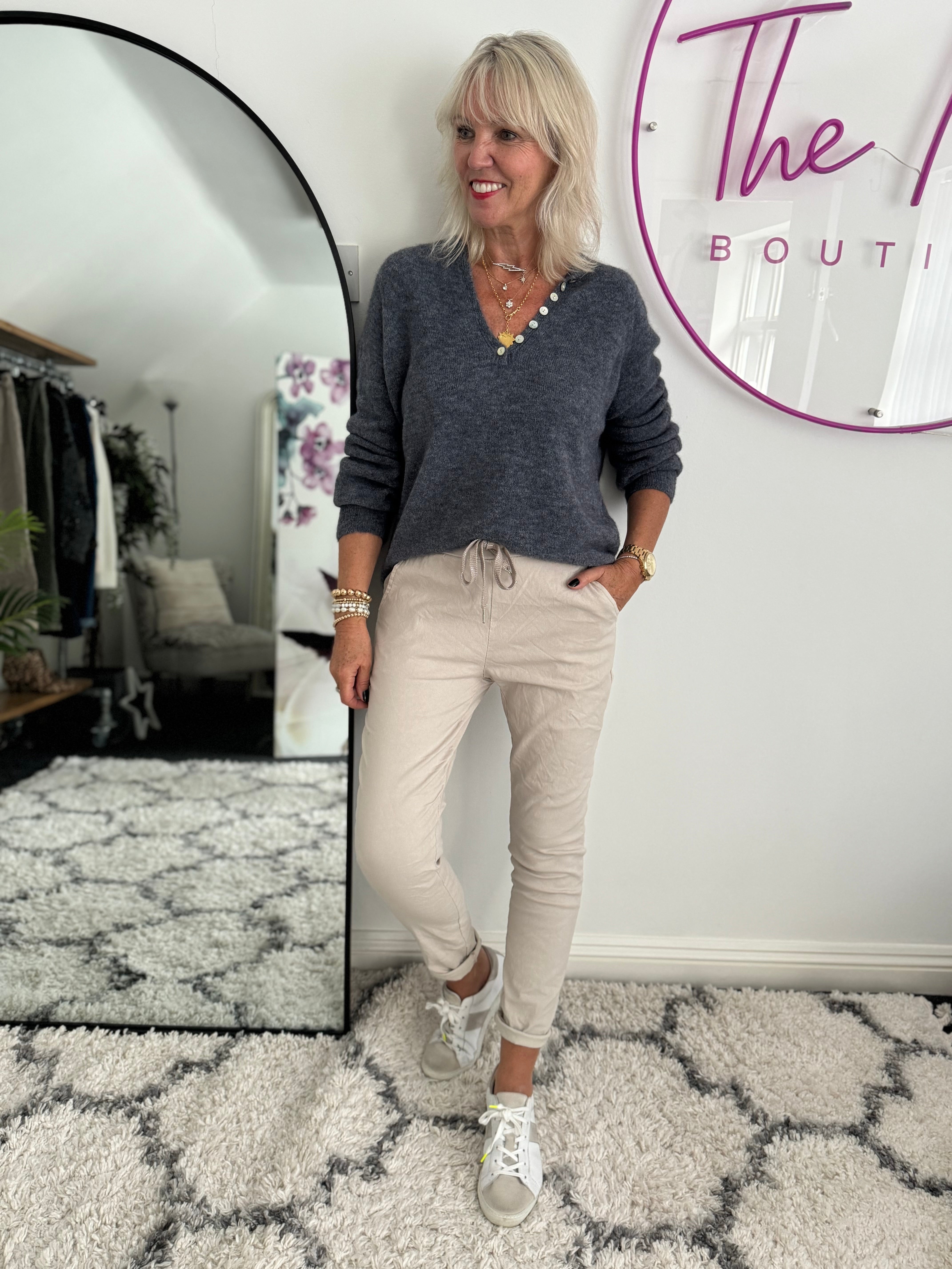 Super Stretch Joggers with Sparkly Tie in Stone