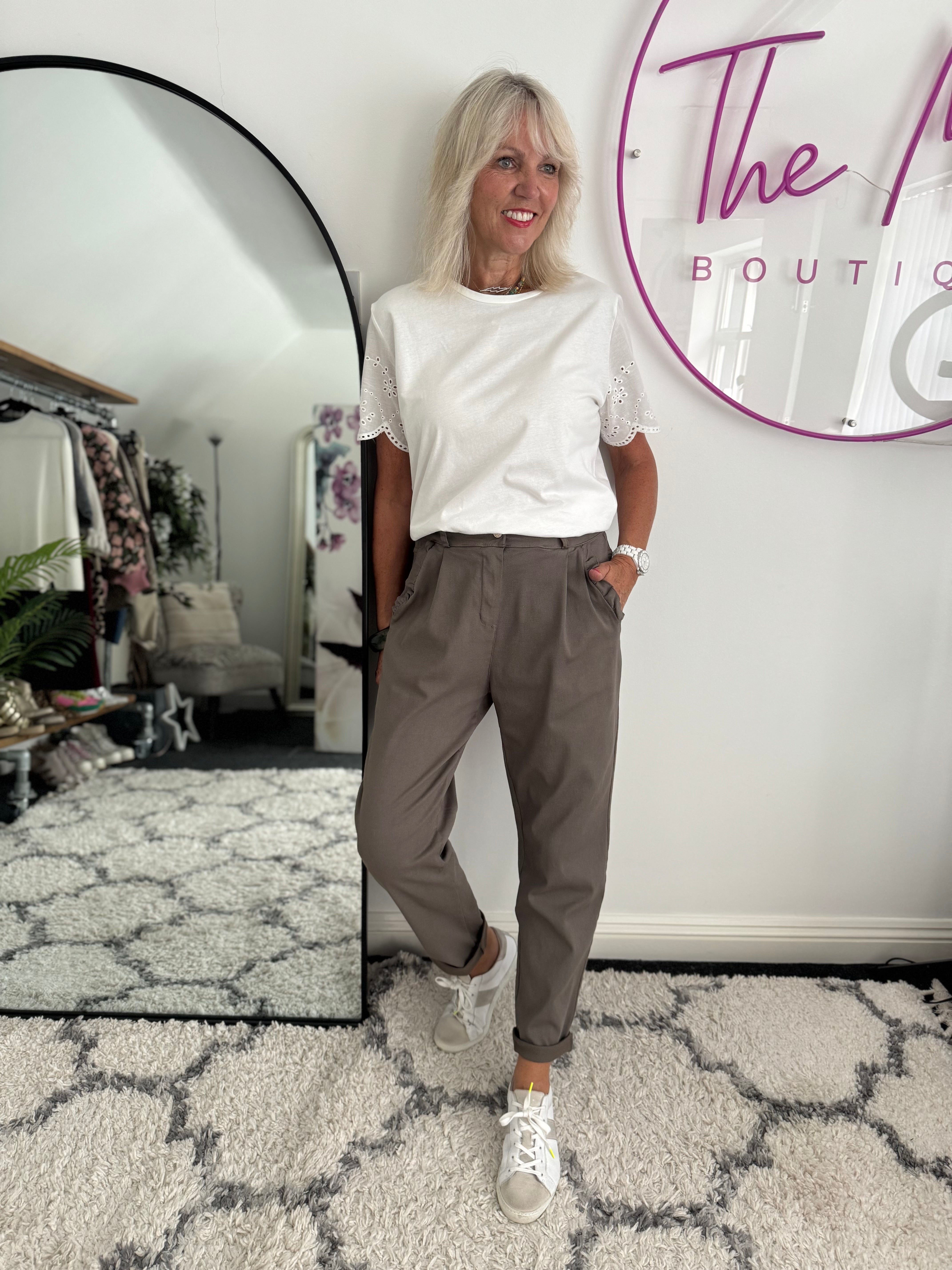 Luxe Stretch Trousers with Ruffle Pocket in Mocha