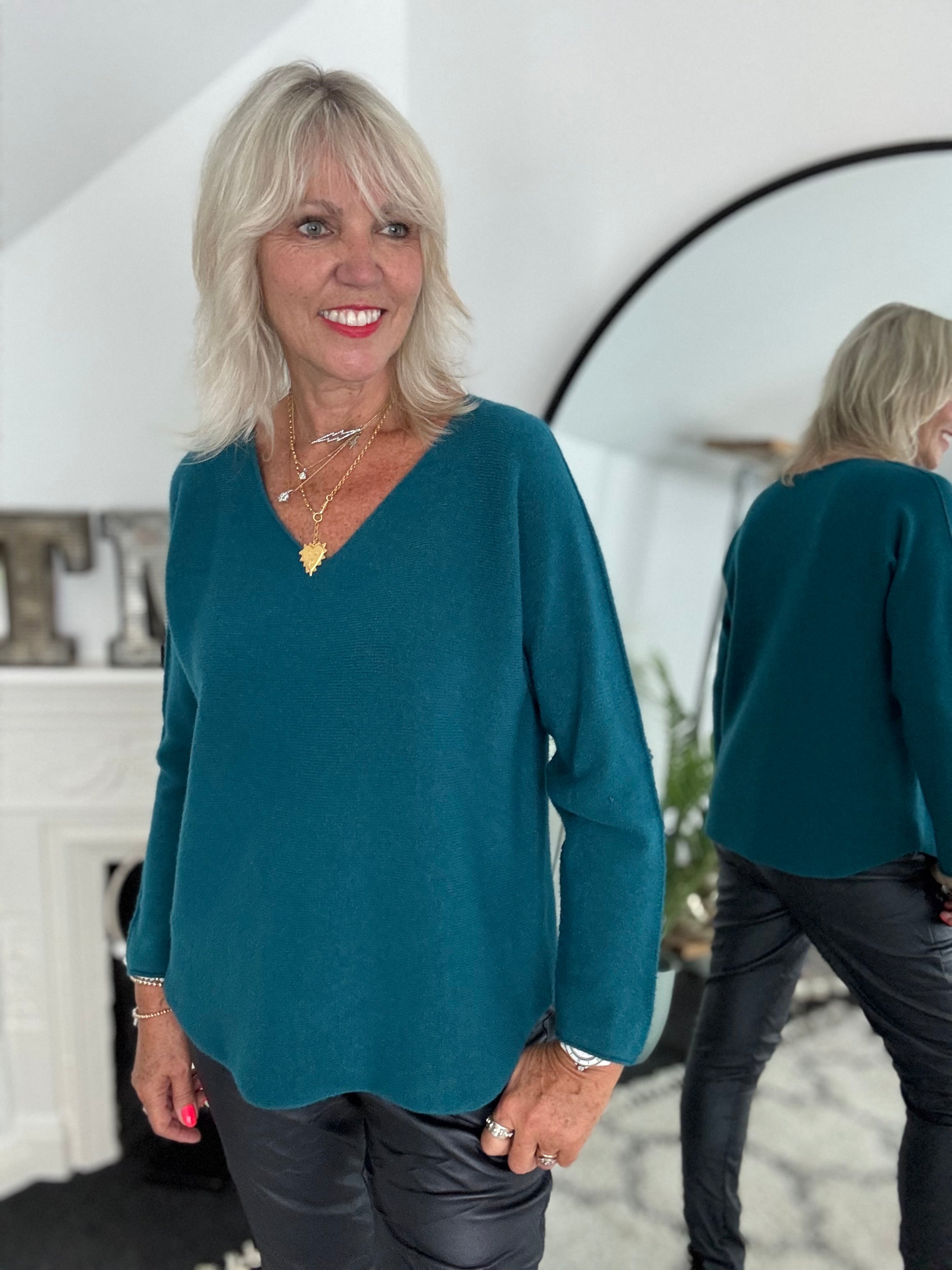 Simple V Neck Jumper in Teal