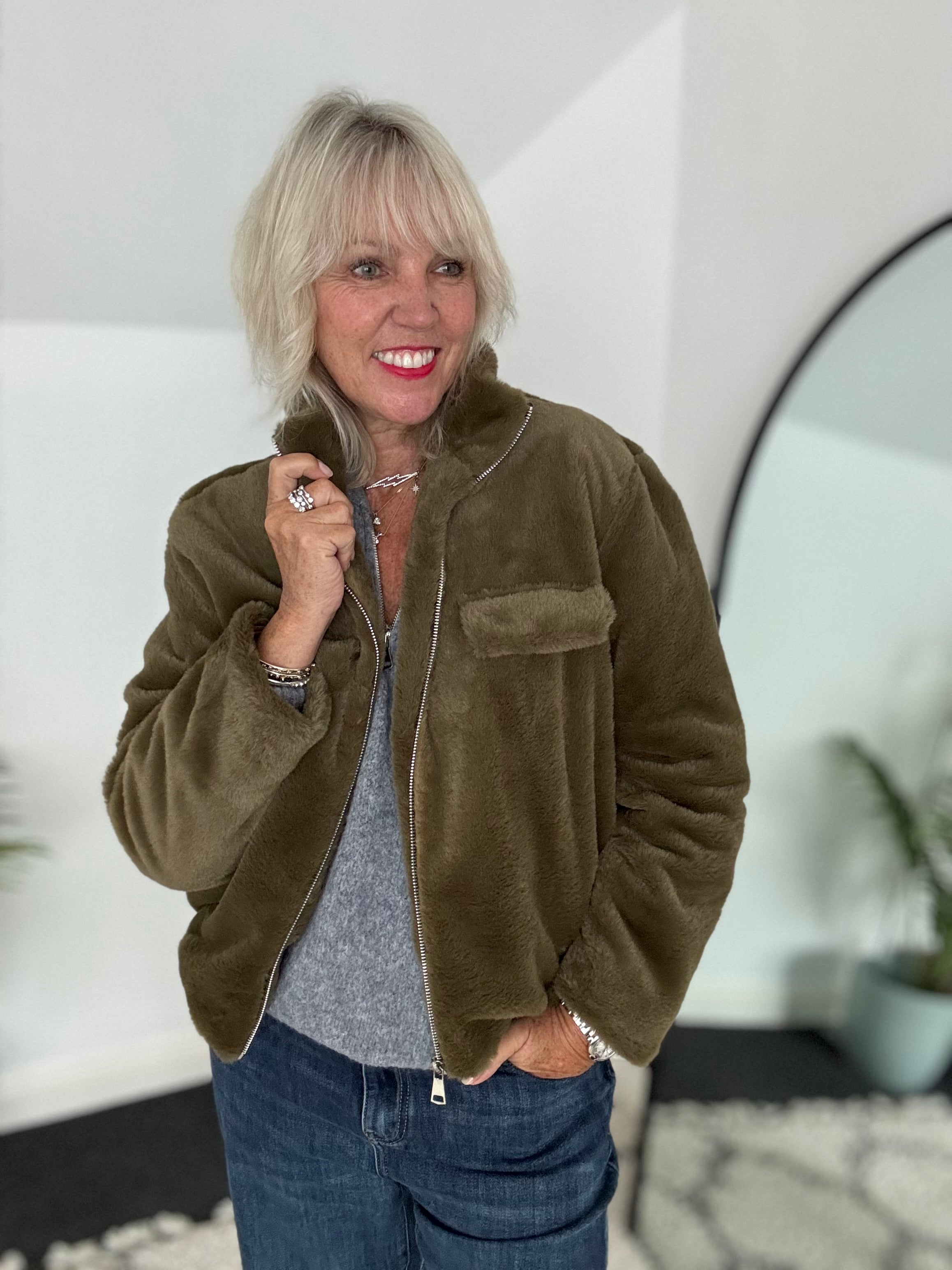 Faux Fur Jacket in Khaki