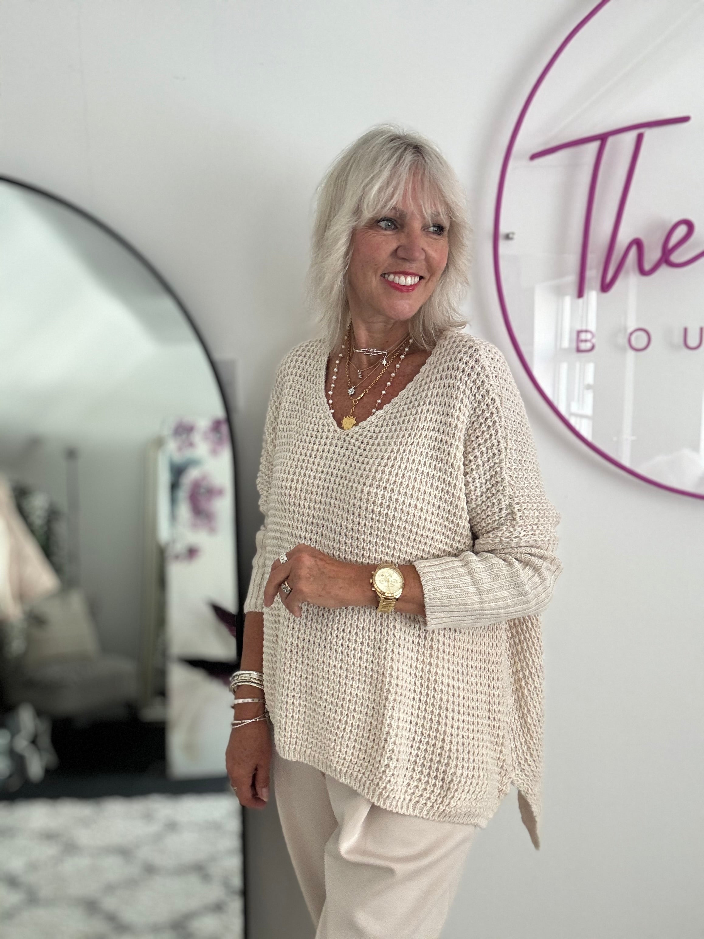 V Neck Waffle Knit in Ecru