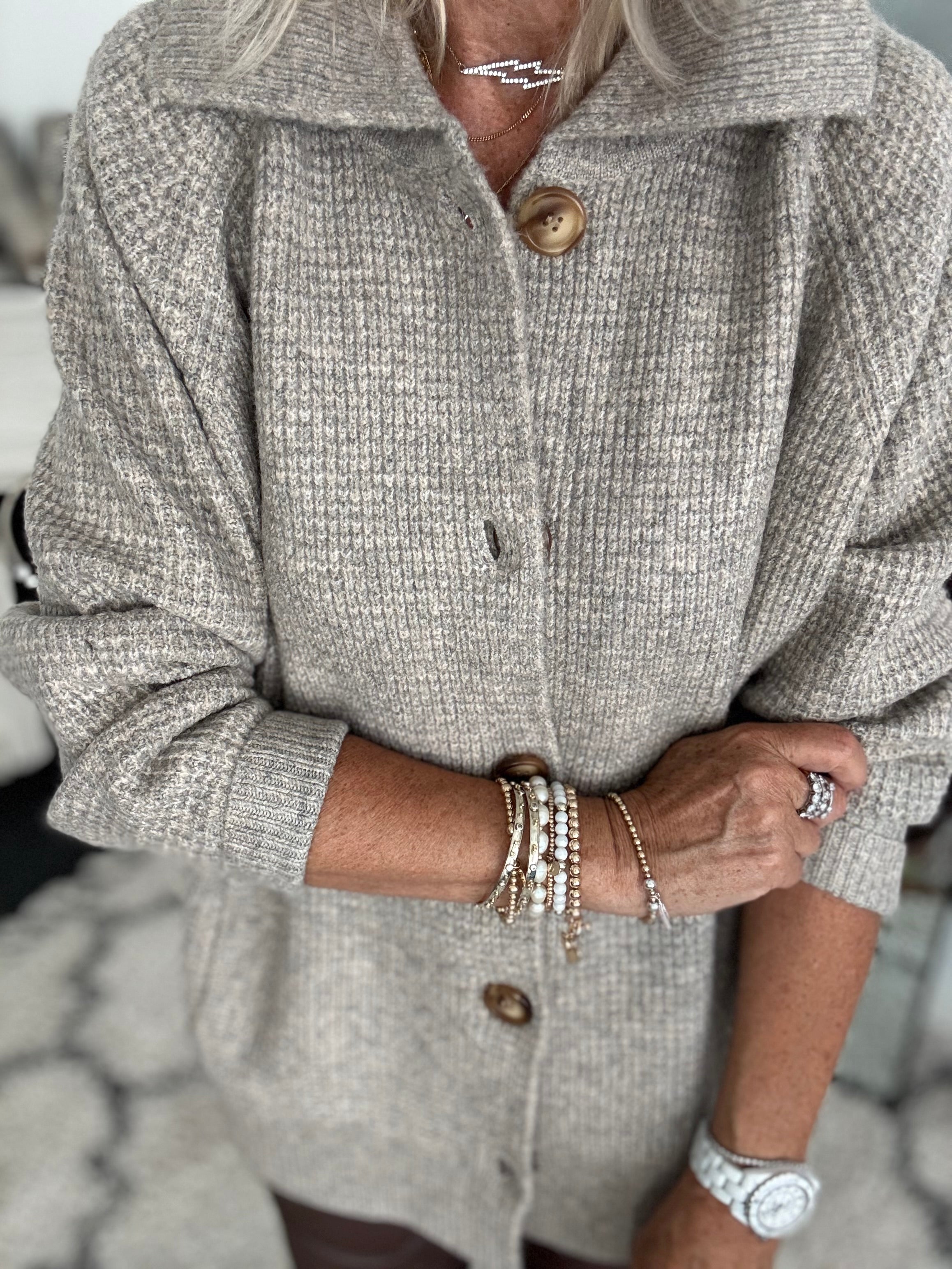 Fisherman Rib Knitted Jacket in Stone