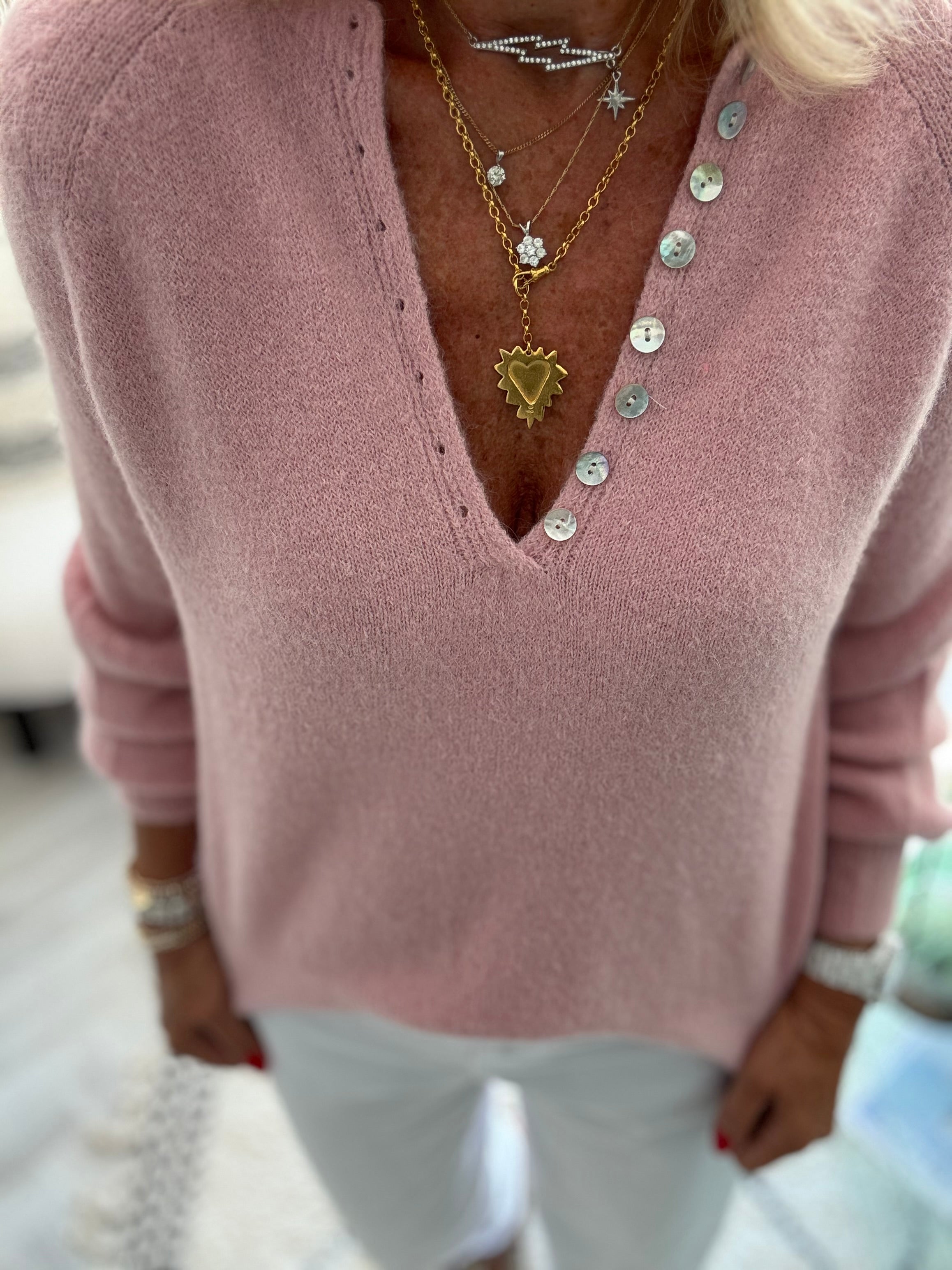 Softie Jumper with Button Neck in Soft Pink