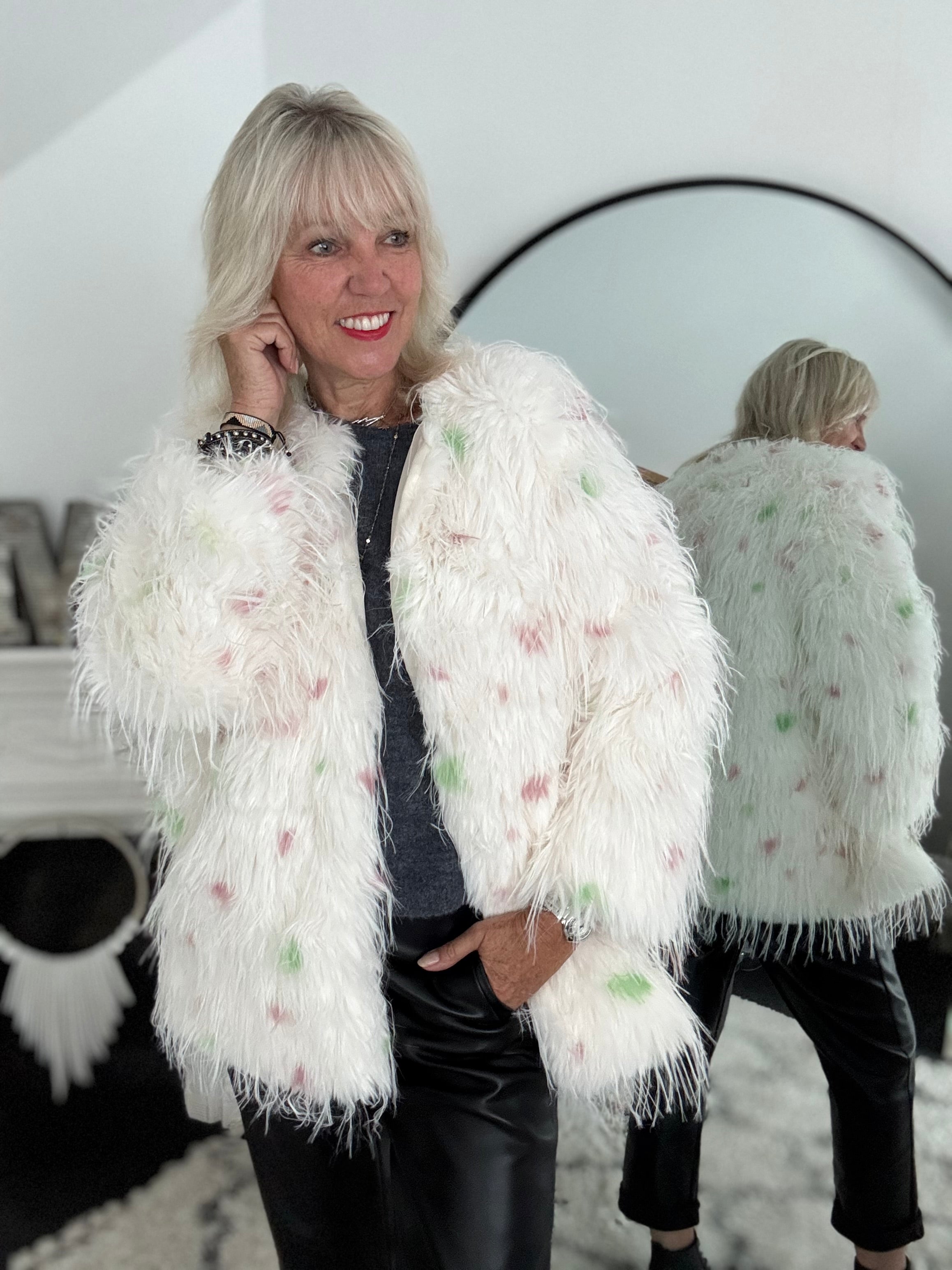 Faux Fur Spot Jacket in Pink & Green