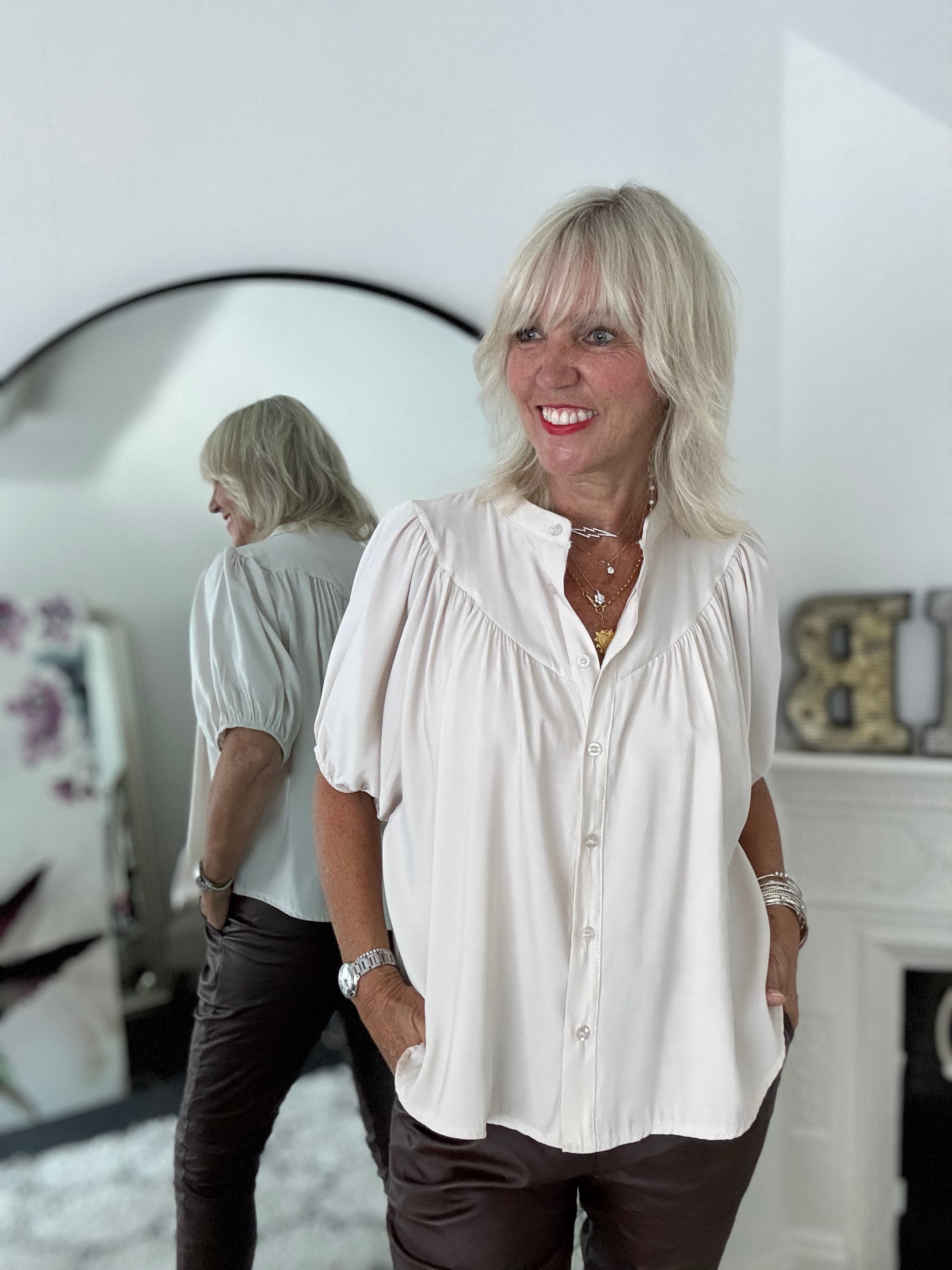 Luxe Gathered Yoke Blouse in Ecru