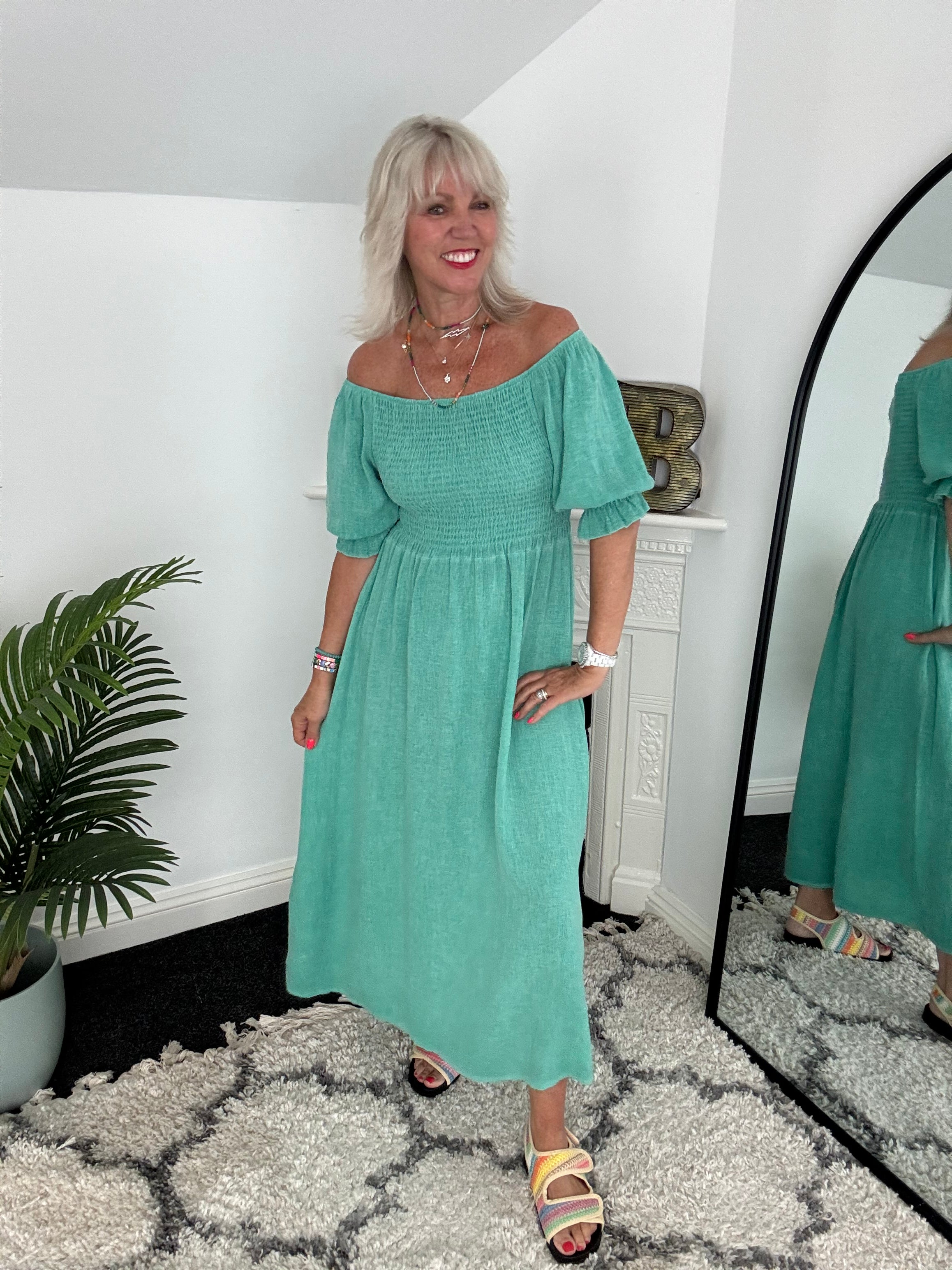 Cotton & Linen Shirred Dress in Ocean Green