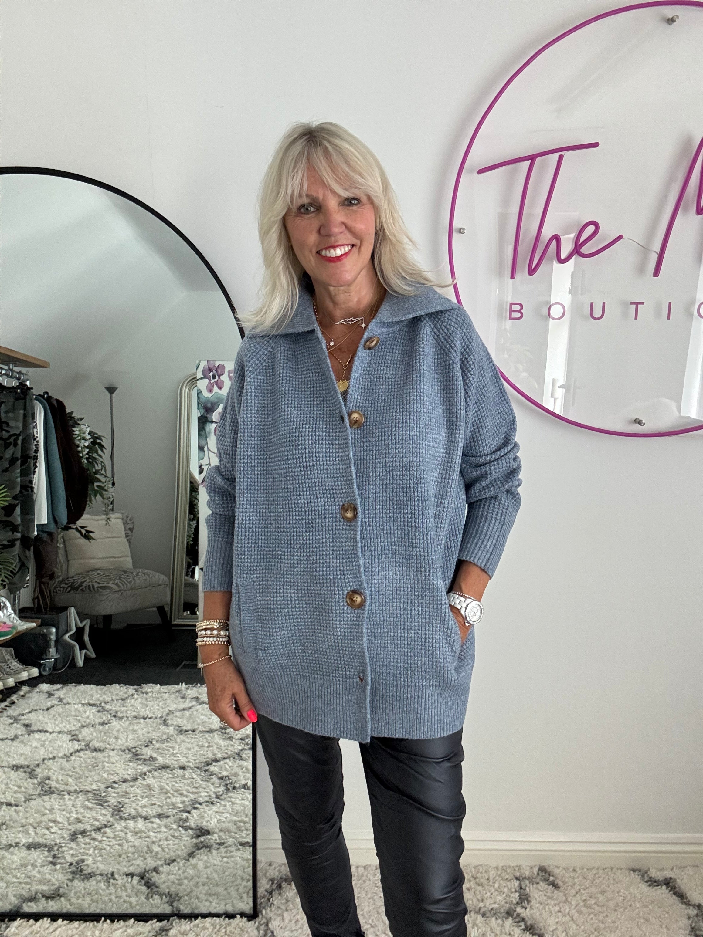 Fisherman Rib Knitted Jacket in Blue