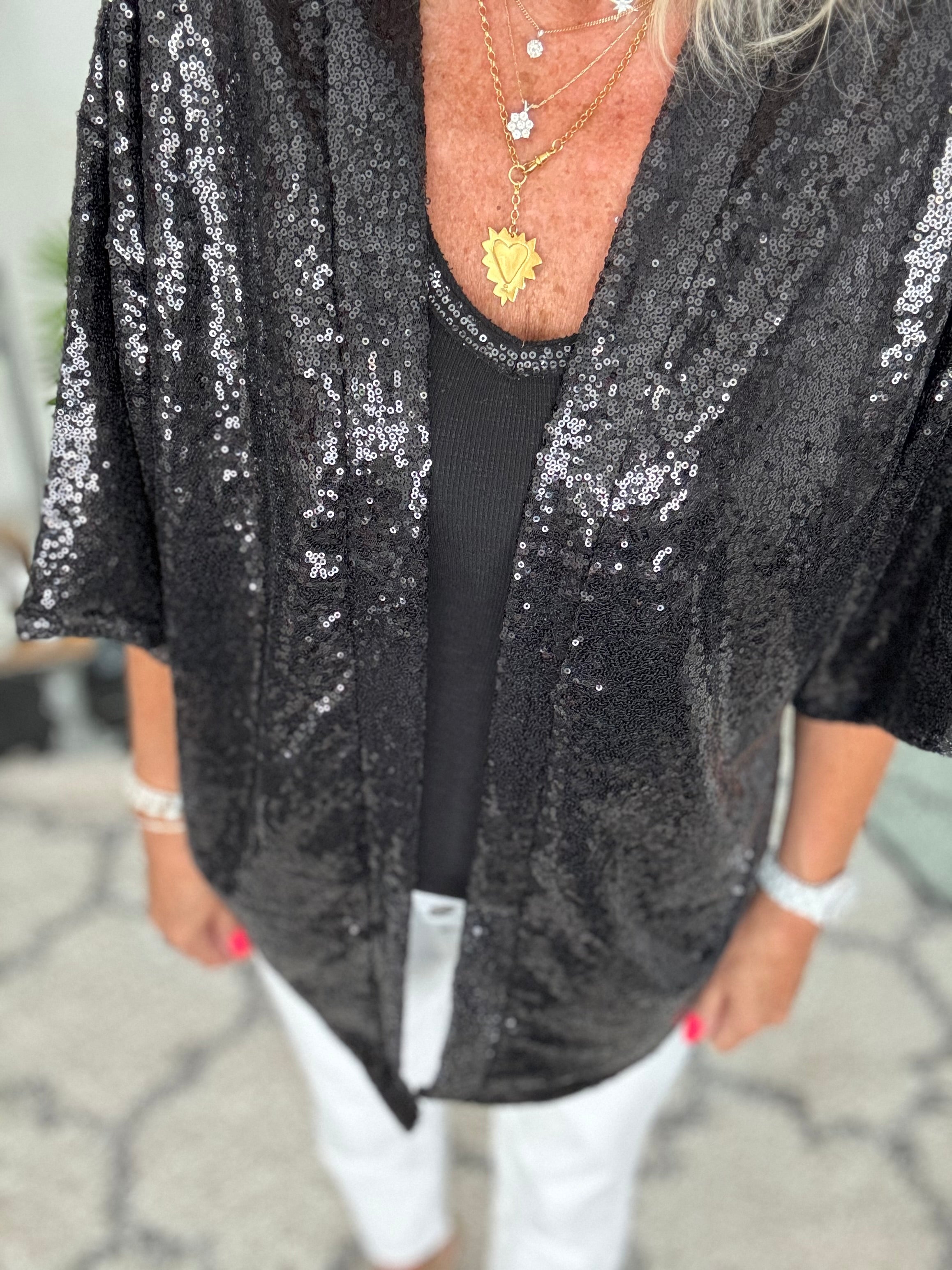 Sequin Kimono Jacket in Black
