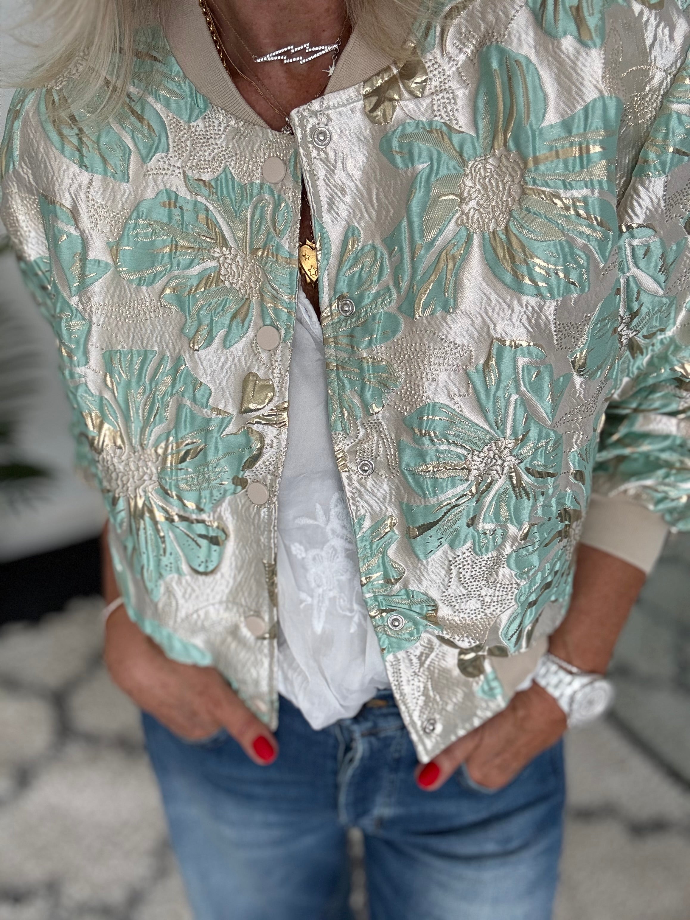 Luxe Bomber Jacket in Mint & Ecru