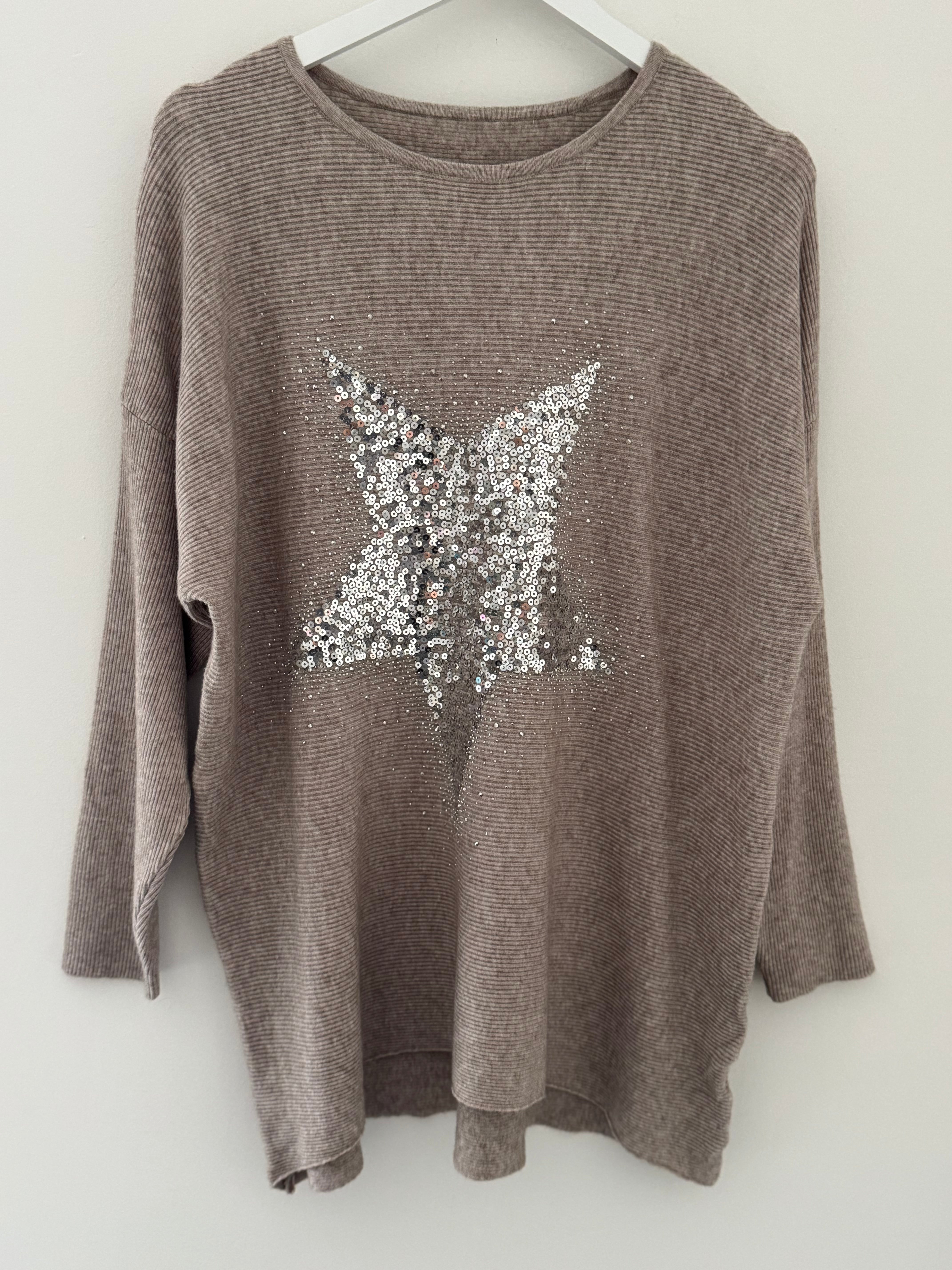Ribbed Sequin Star Jumper in Stone
