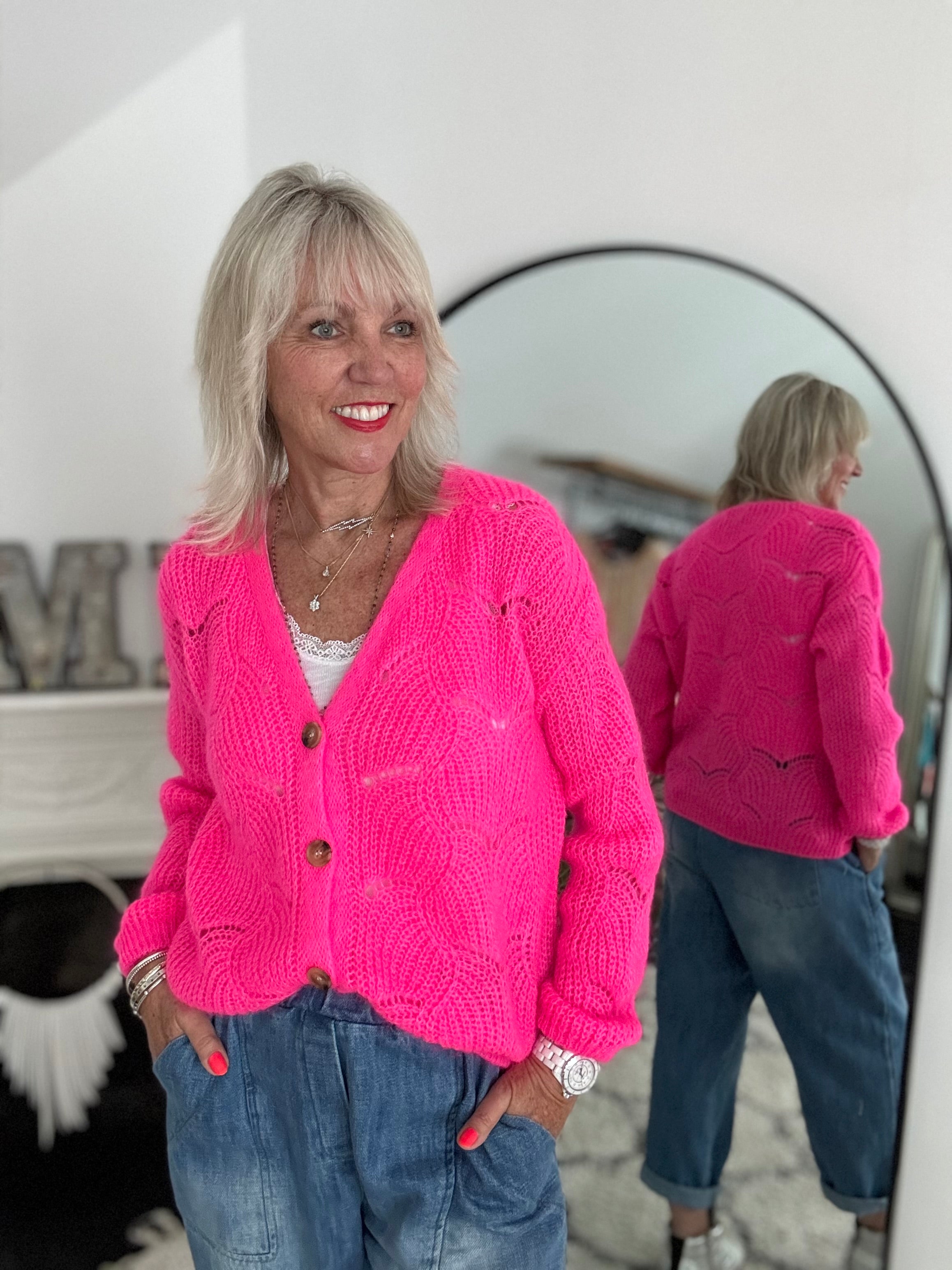 Lace Mohair Cardi in Neon Pink