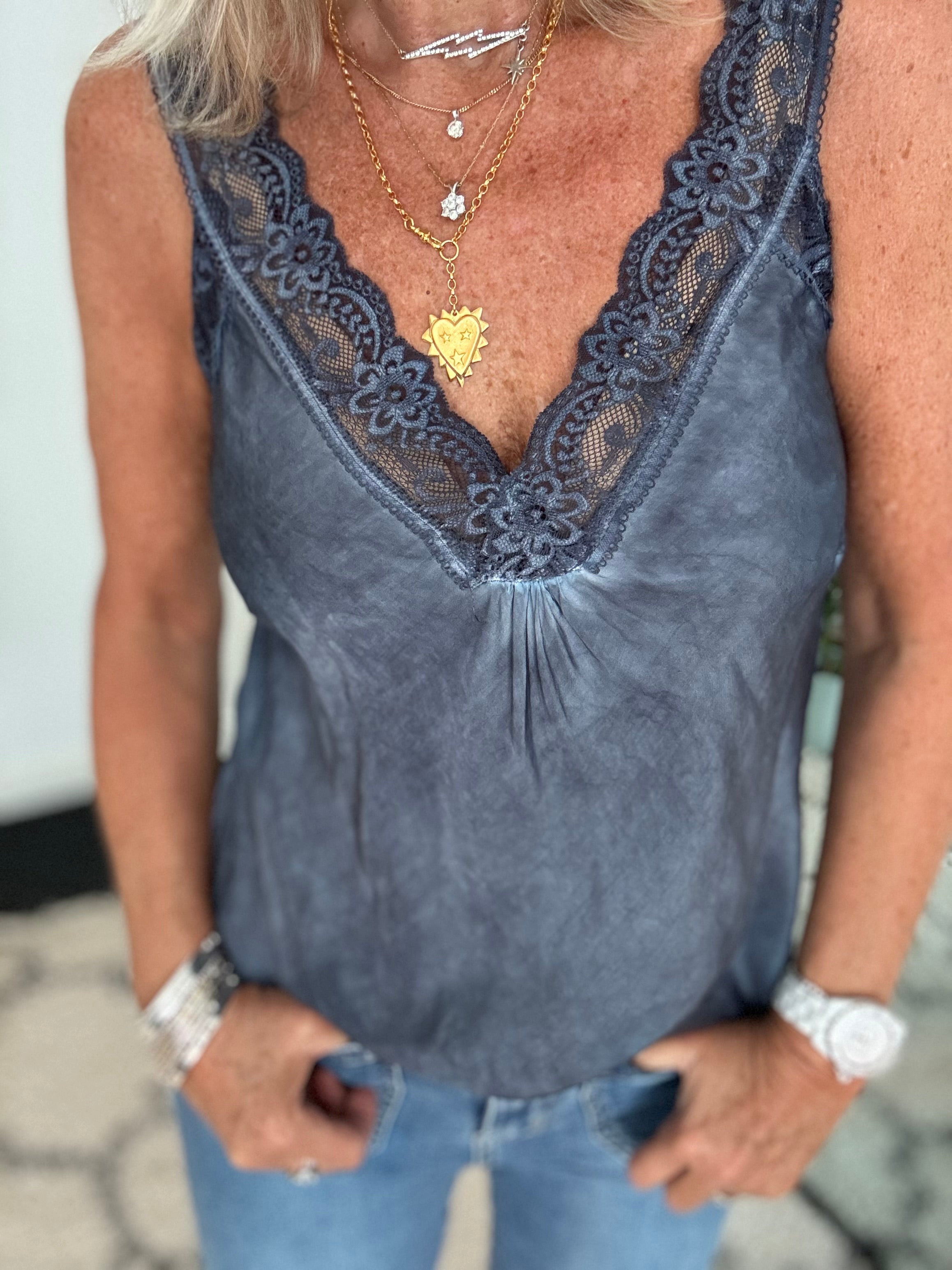 Lace Trim Silky Vest in Dark Denim