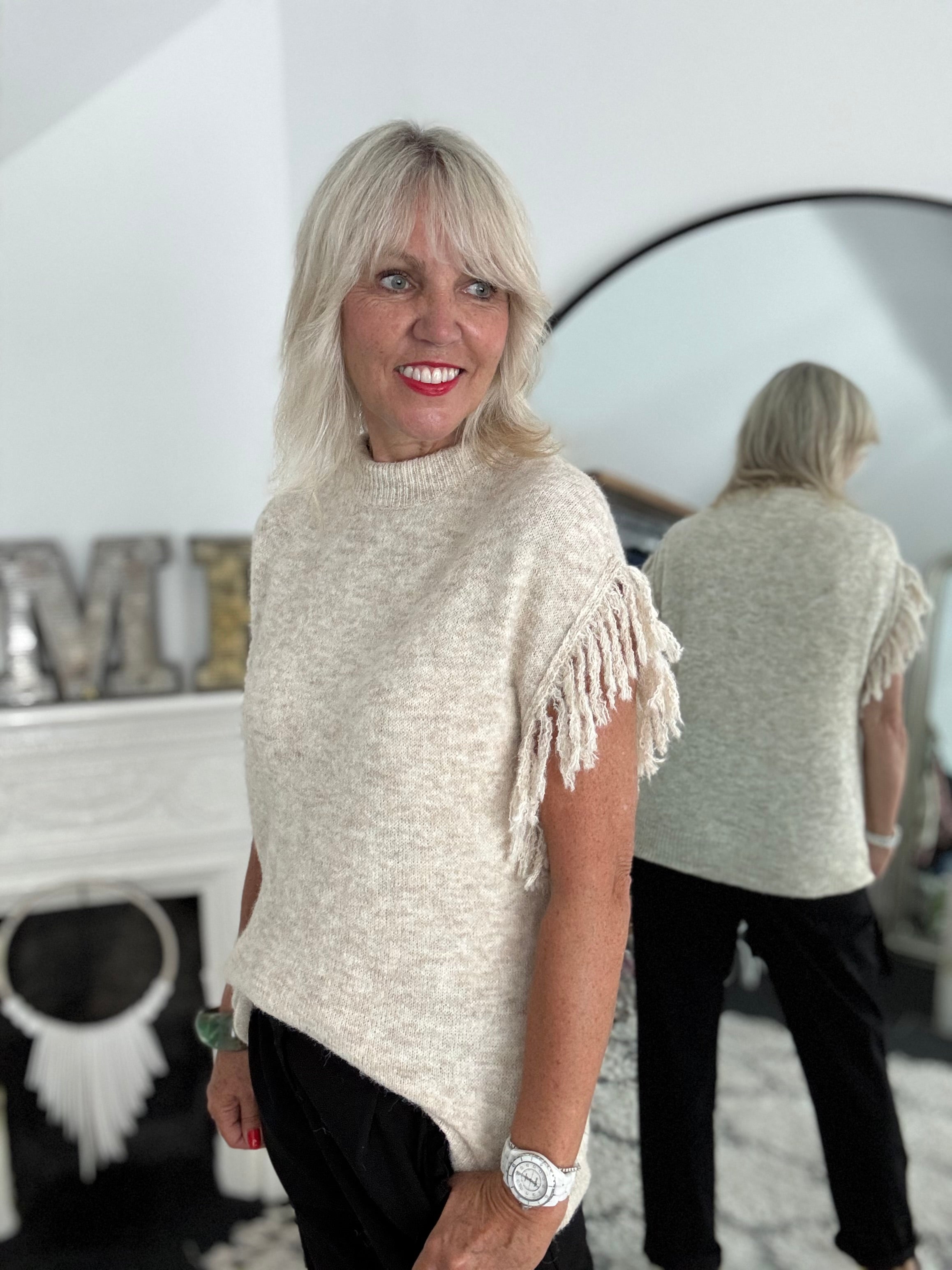 Stone Marl Knit with Fringe Detailing