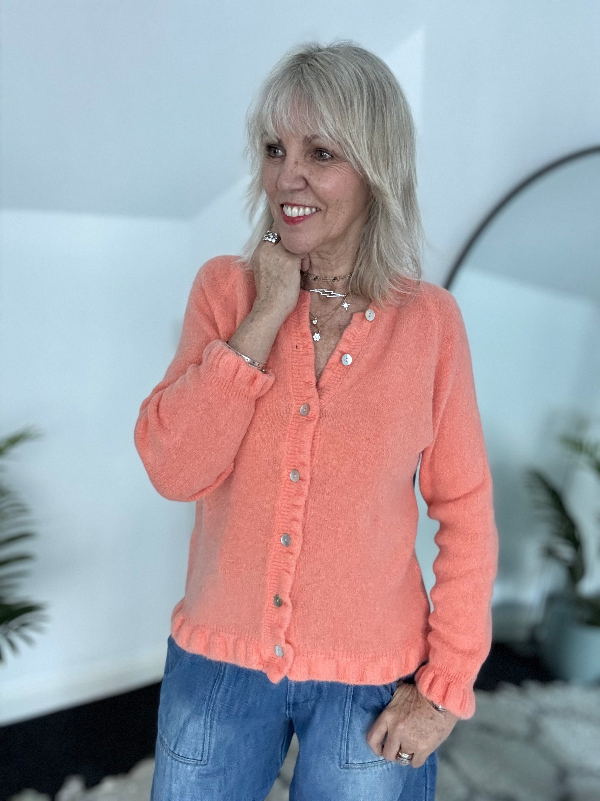 Alpaca Cardi with Frill Hems in Soft Tangerine
