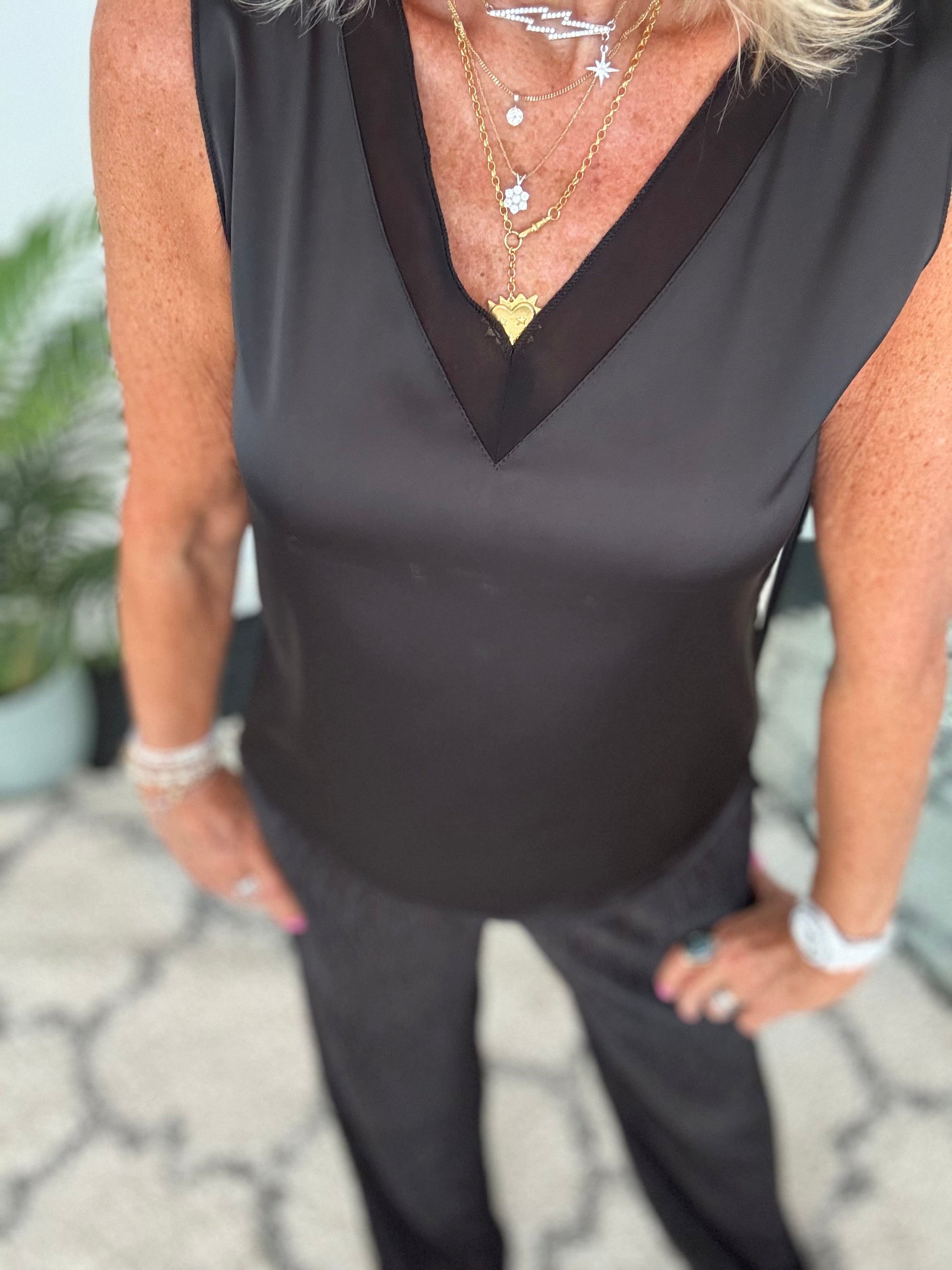 Silky V Neck Vest in Black