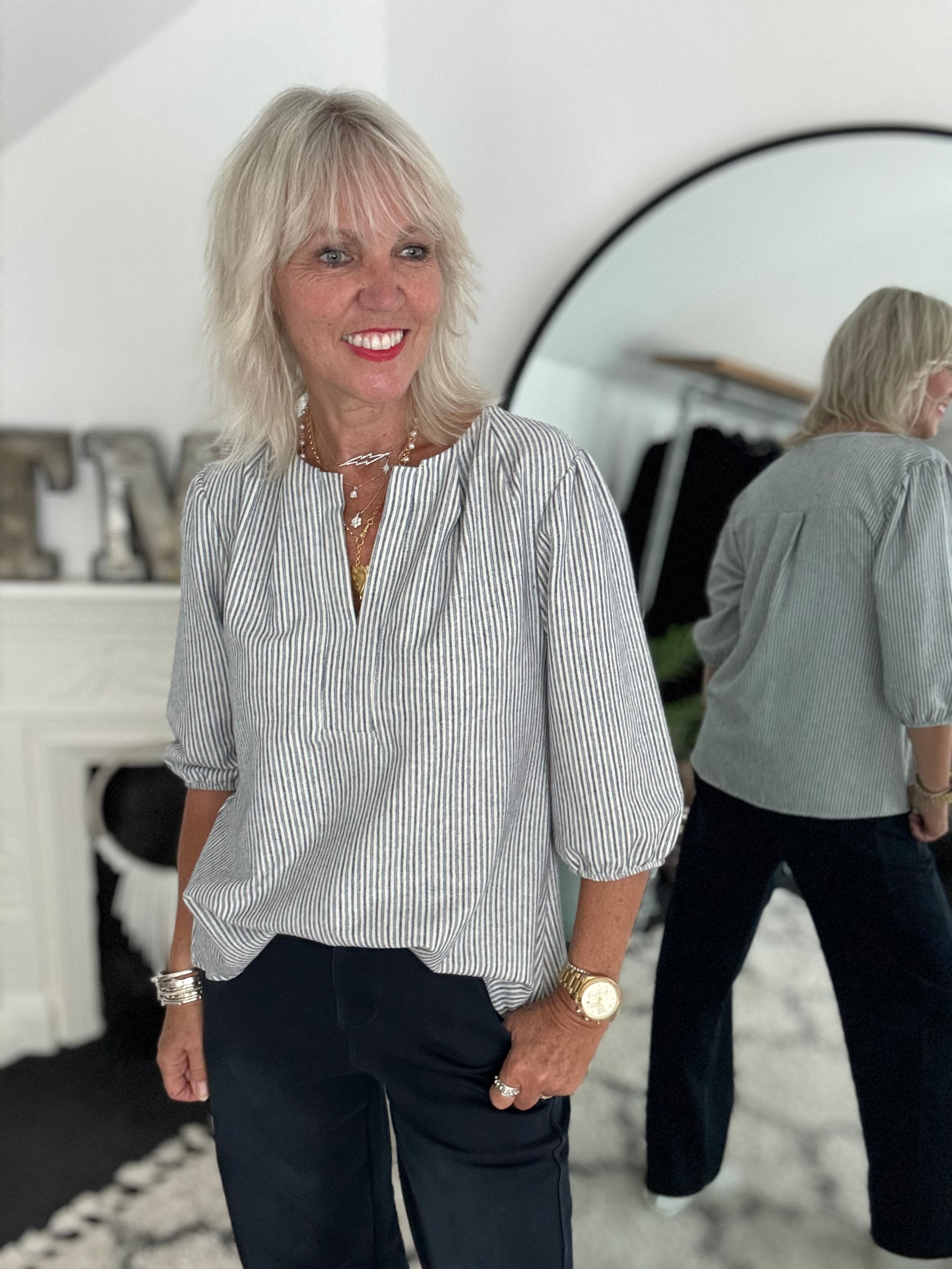 Brushed Cotton Stripe Blouse in Blue