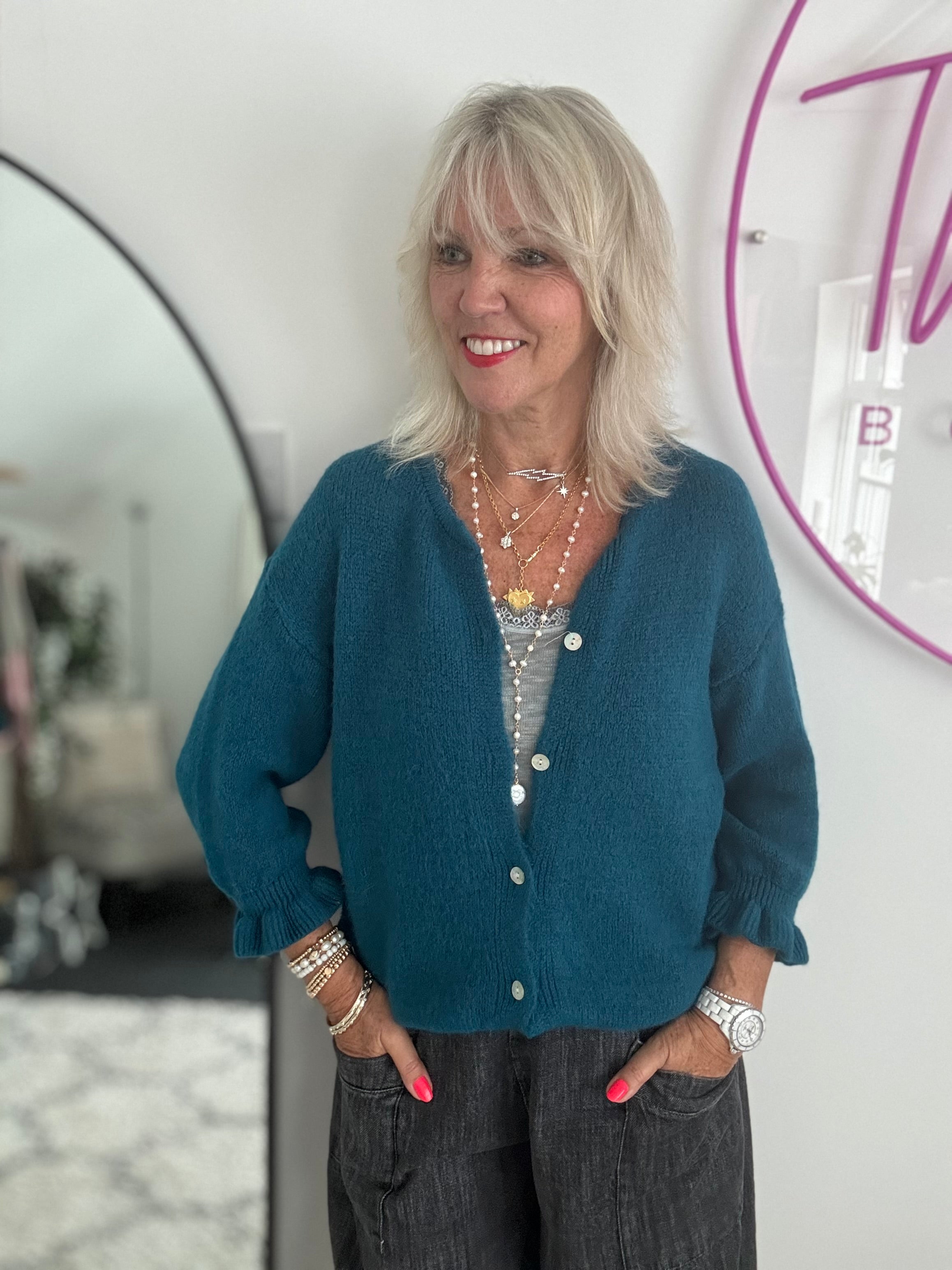 Alpaca Cardi with Frill Cuffs in Teal