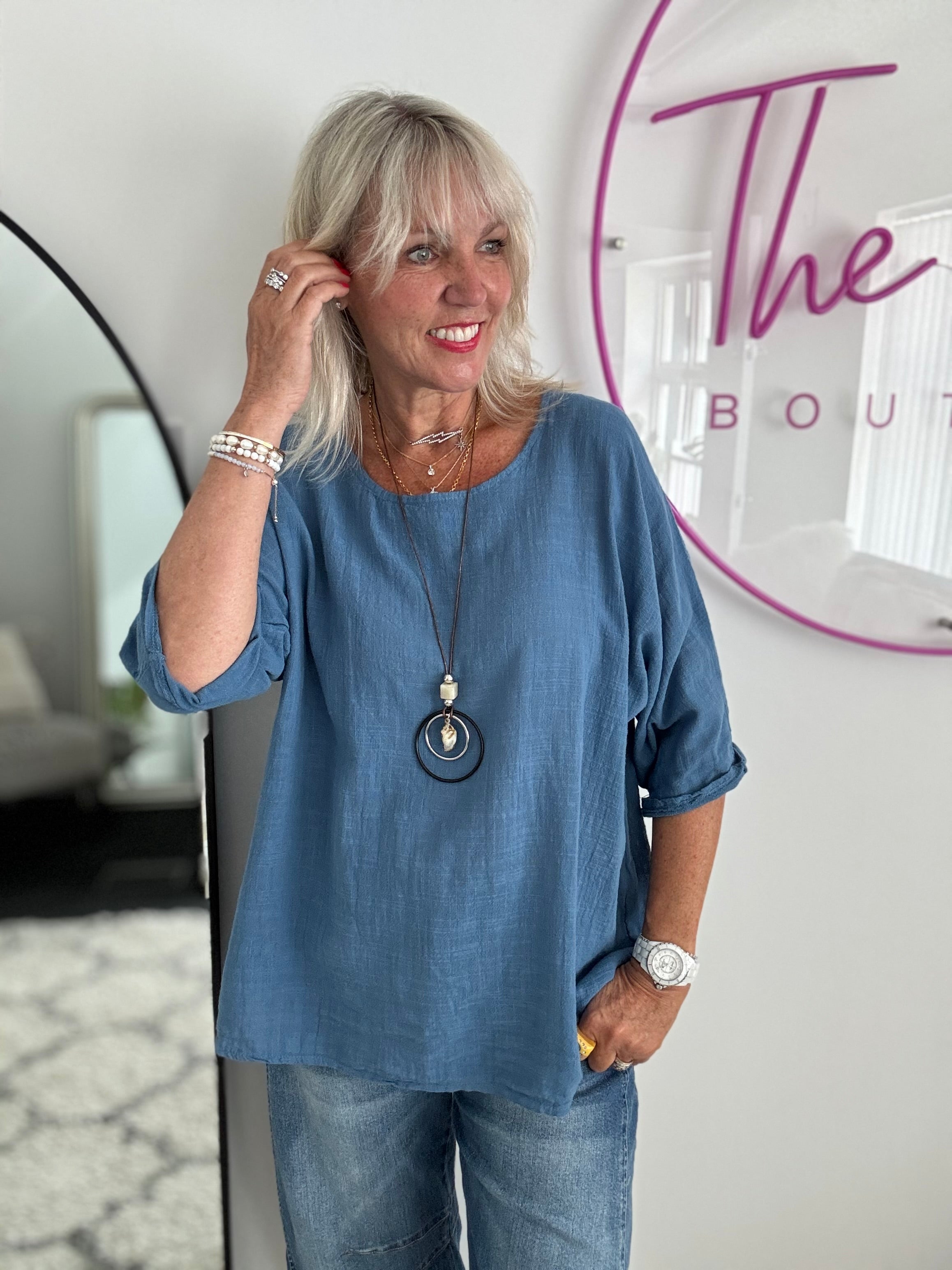 Simple Cotton Scoop Neck Top in Denim Blue