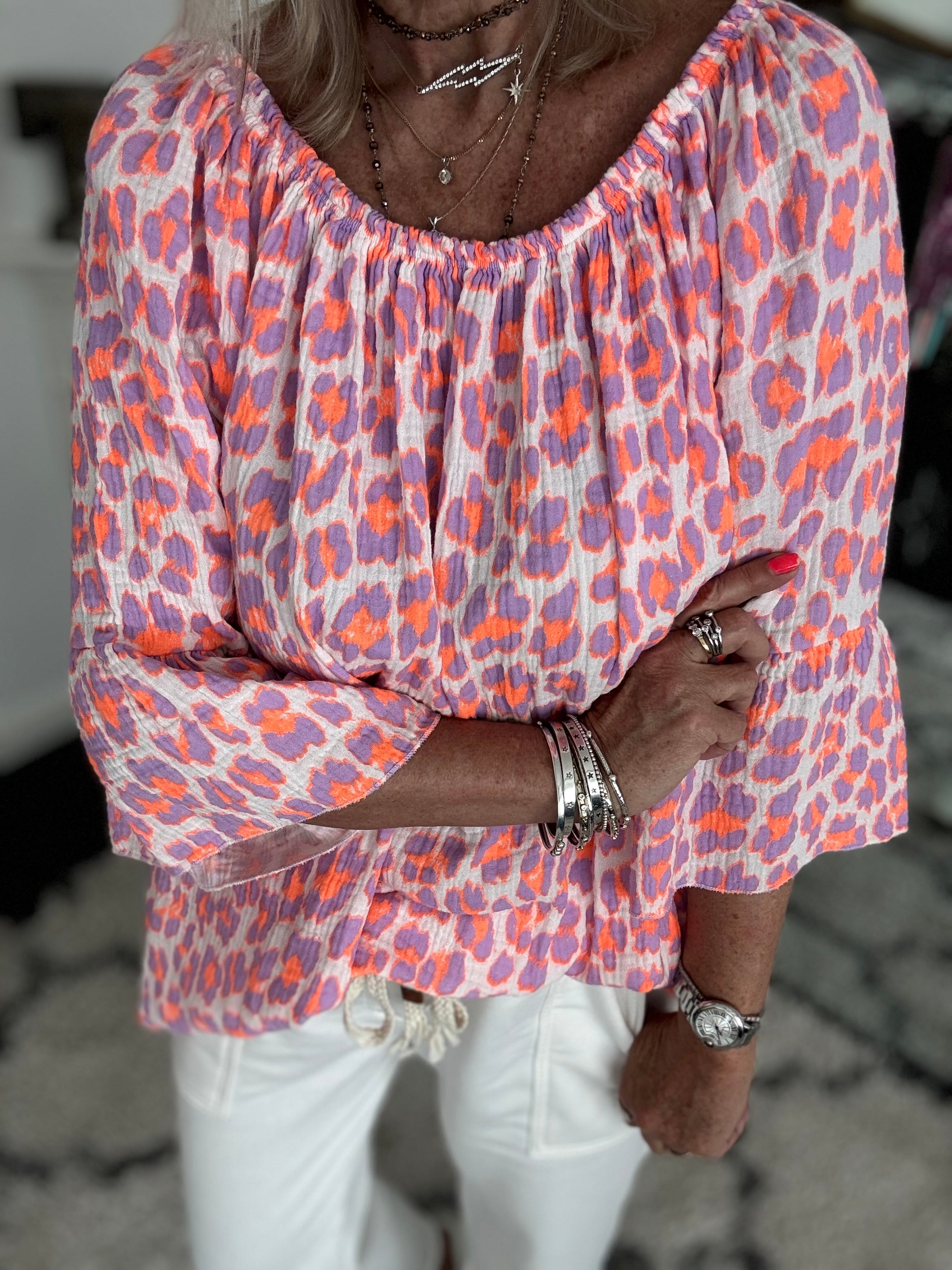 Cheesecloth Bardot Top in Lilac & Orange Leopard