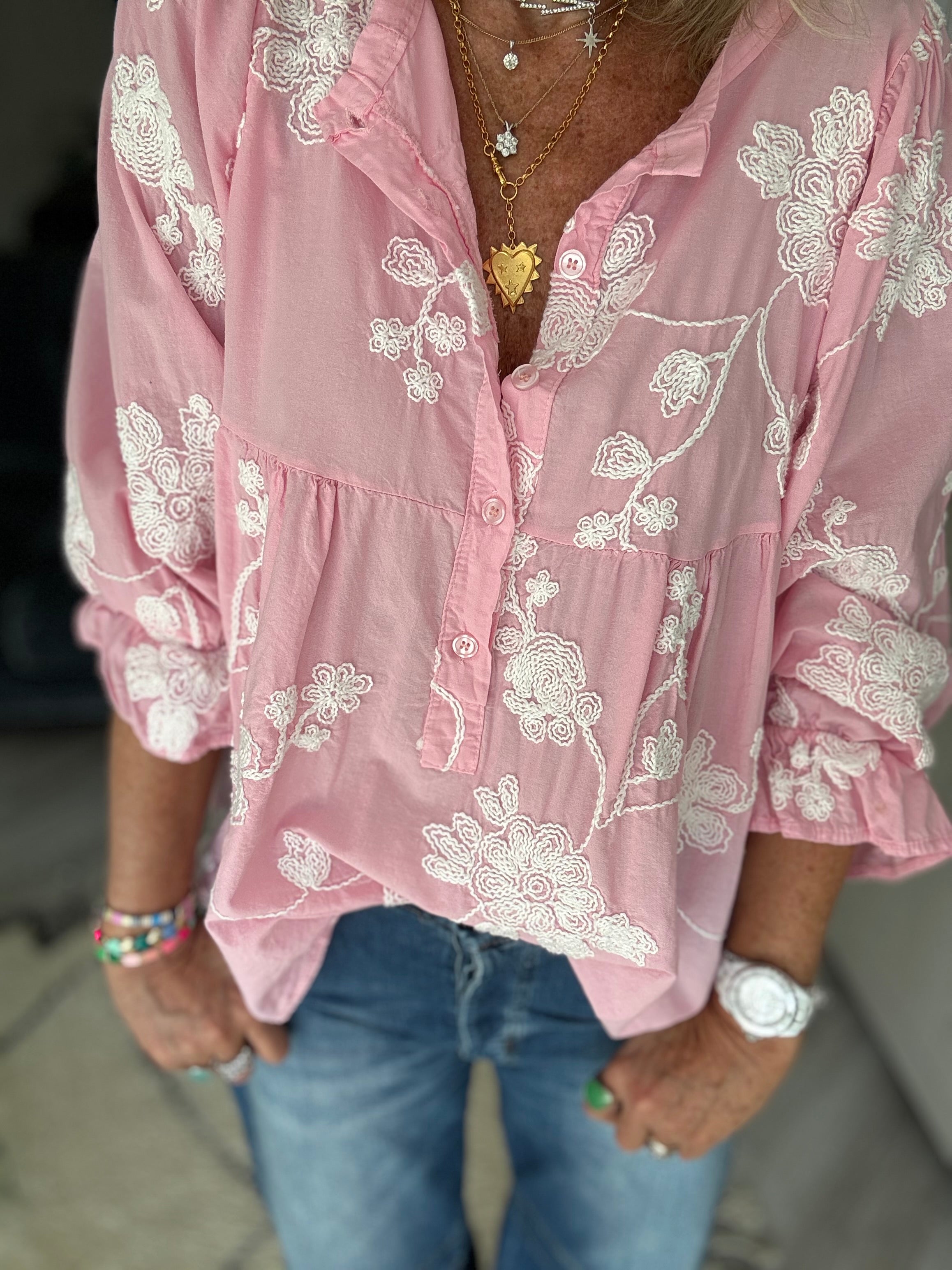 Luxe Embroidered Blouse in Pink