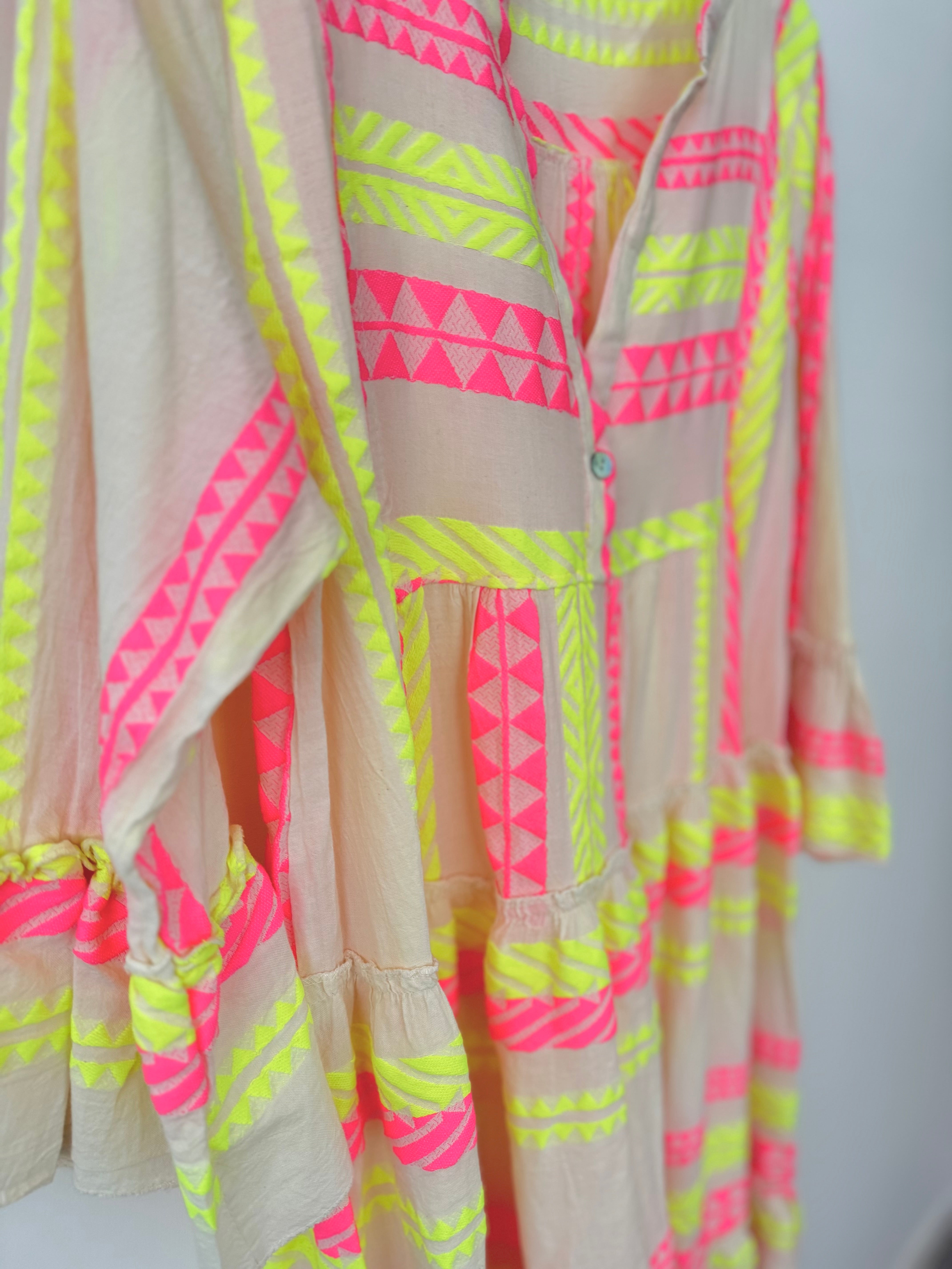 Embroidered Midi Dress in Pink & Neon