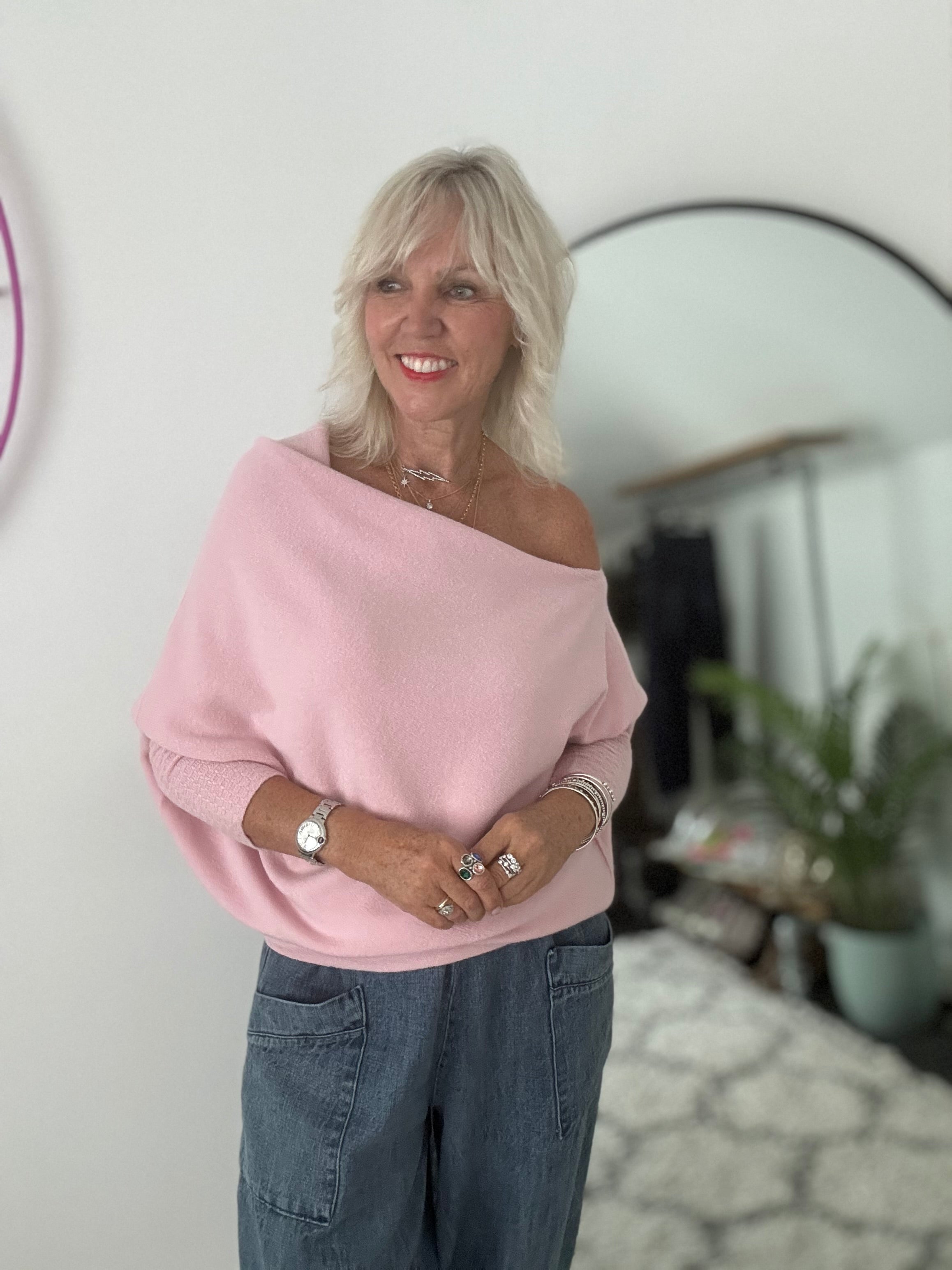 Cowl Neck Asymmetric Jumper in Baby Pink