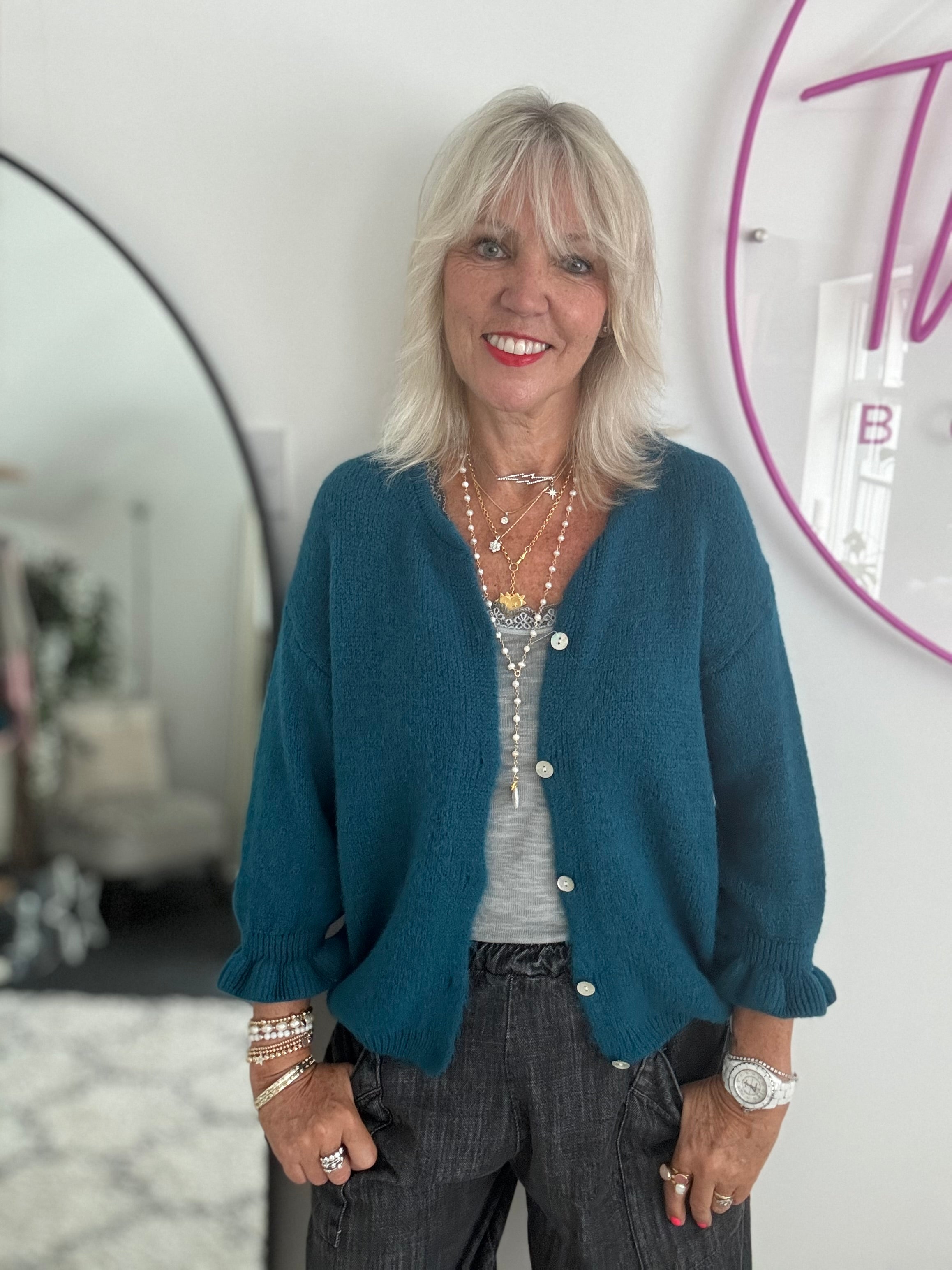 Alpaca Cardi with Frill Cuffs in Teal
