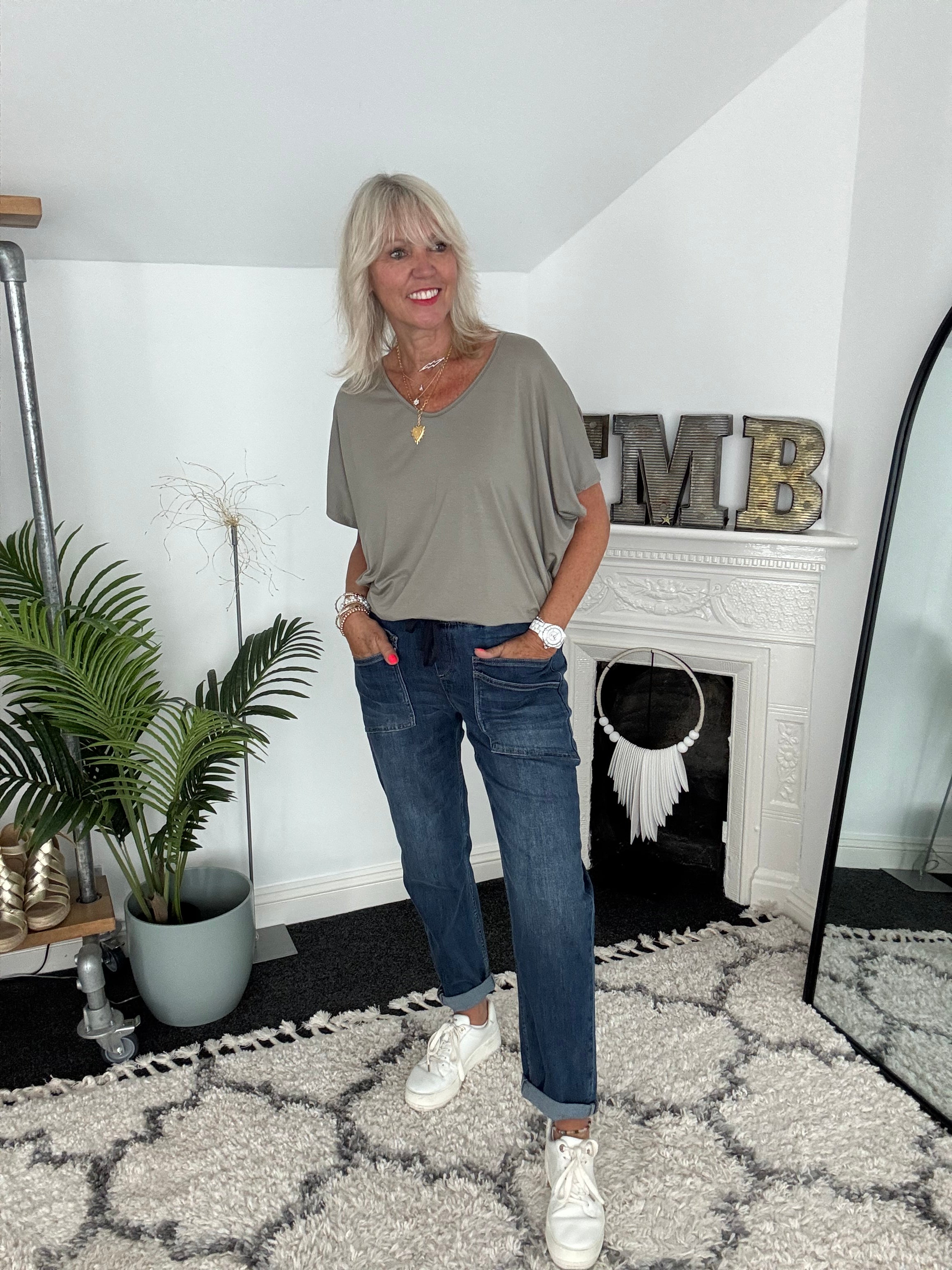 Double Pocket Jean Joggers with Elasticated Waist