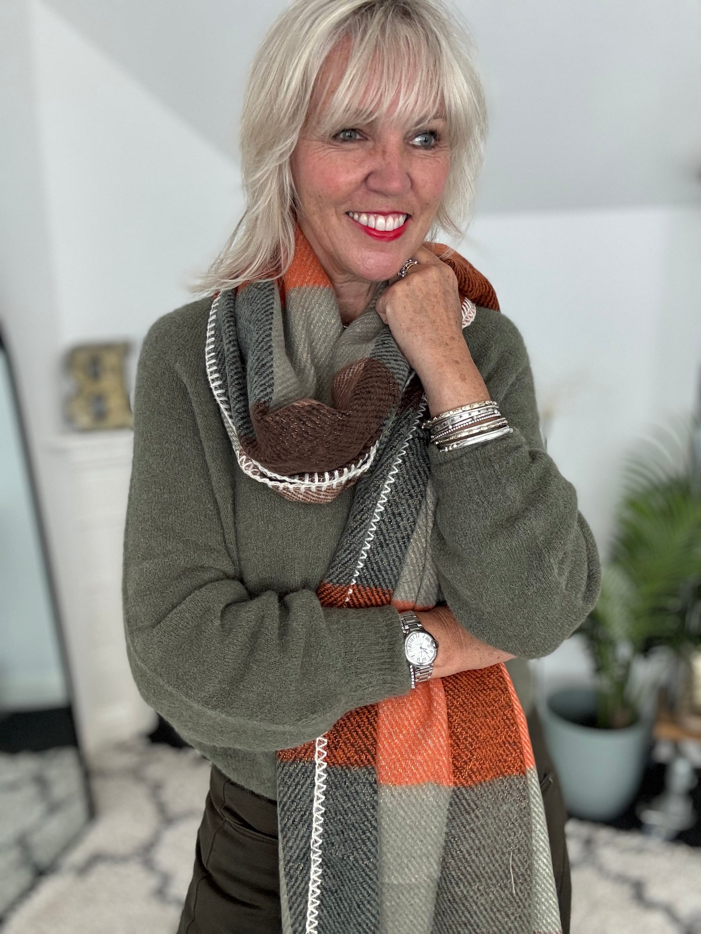 Super Soft Check Scarf in Khaki & Orange