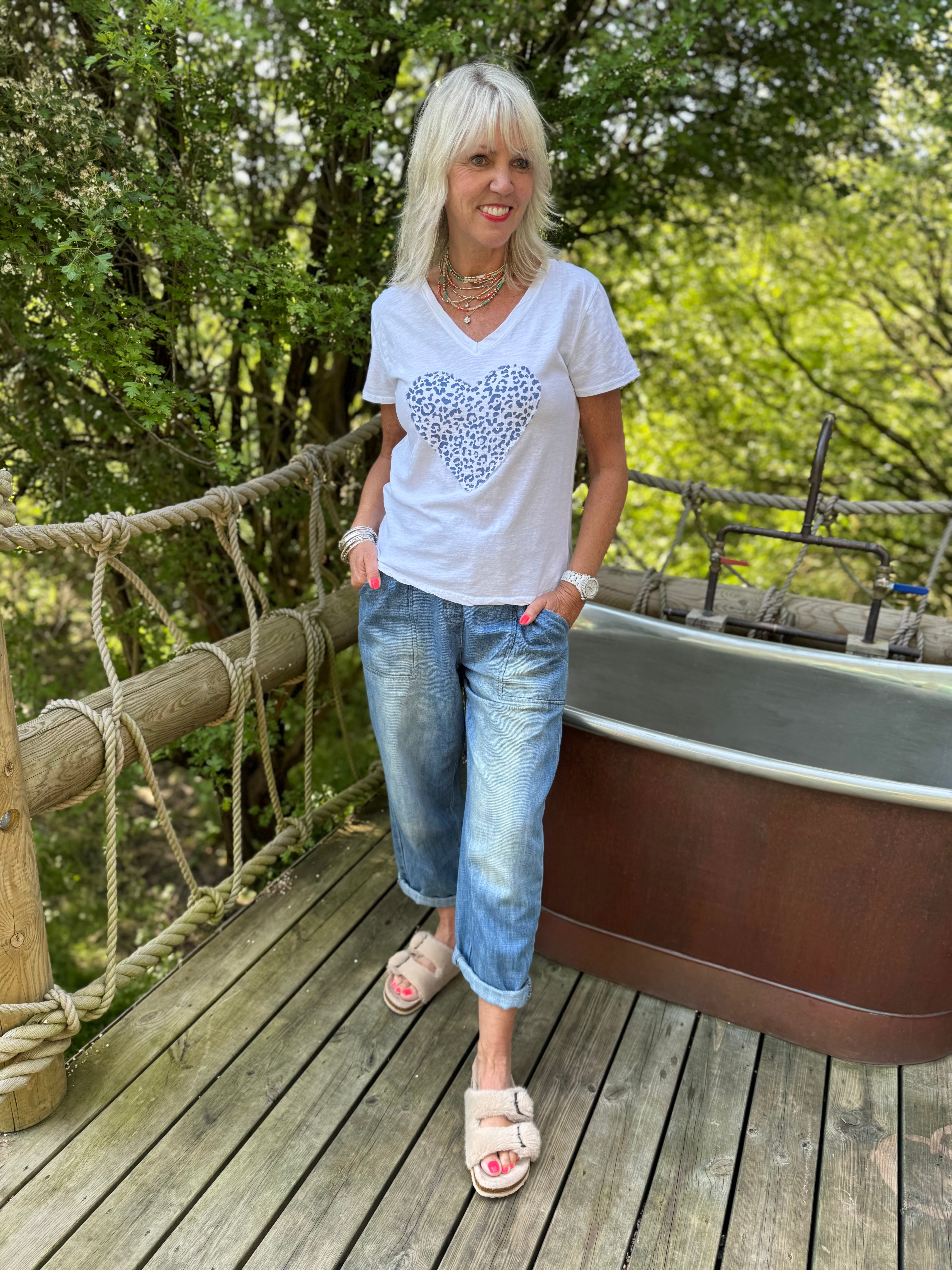 White Tee with Leopard Heart in Blue