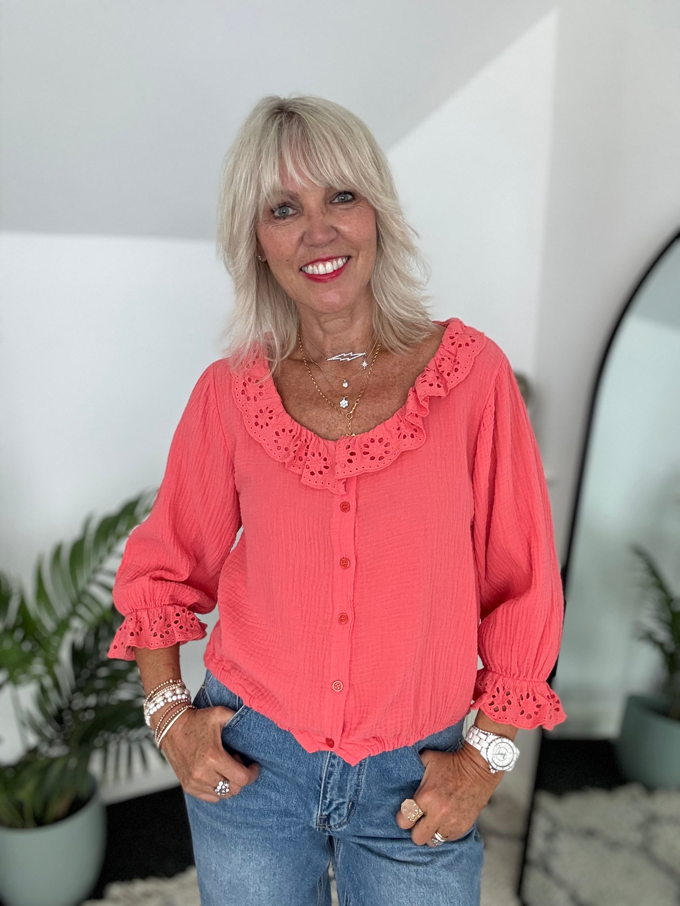 Cheesecloth Blouse with Broderie Collar in Coral