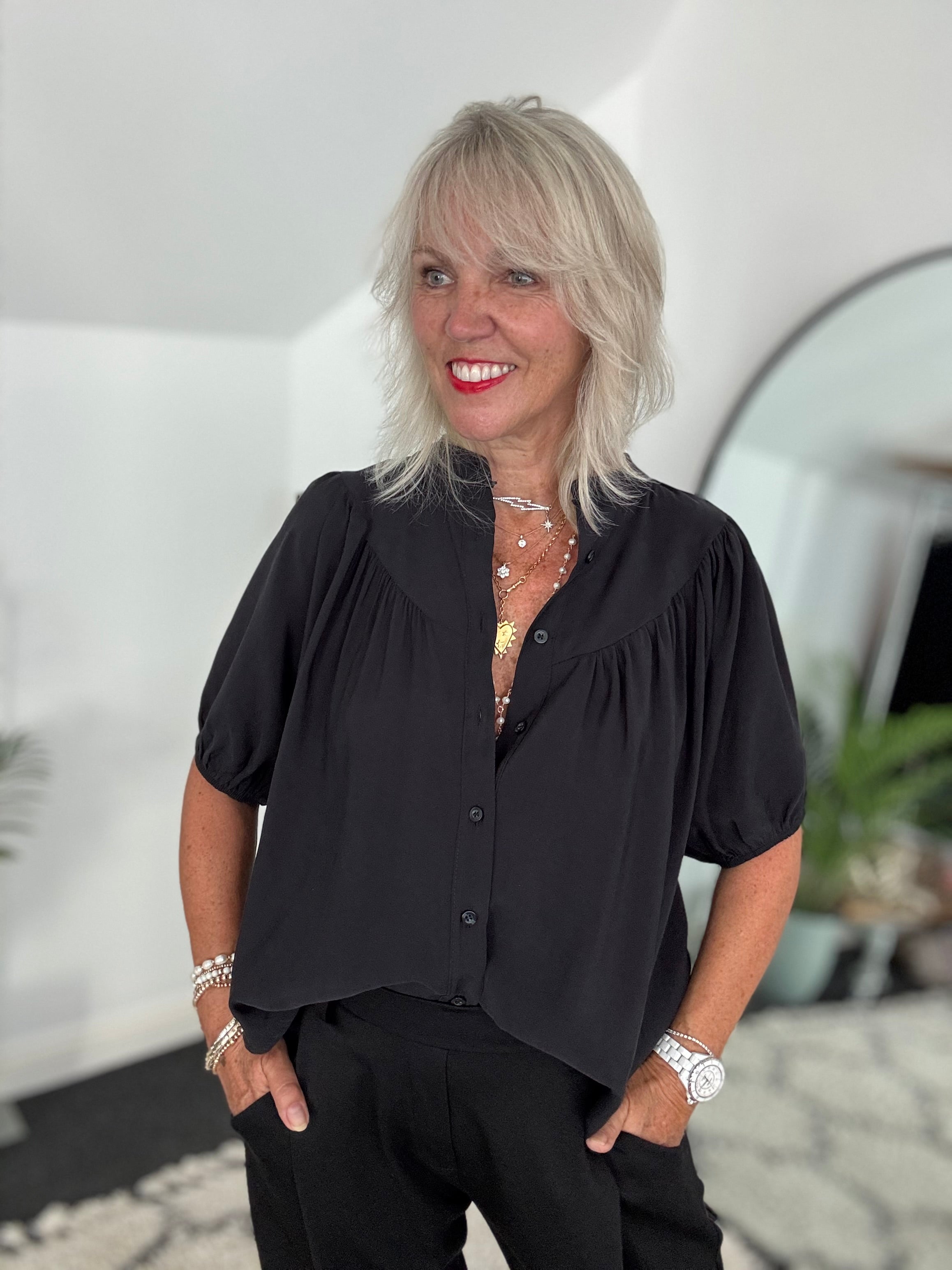 Luxe Gathered Yoke Blouse in Black