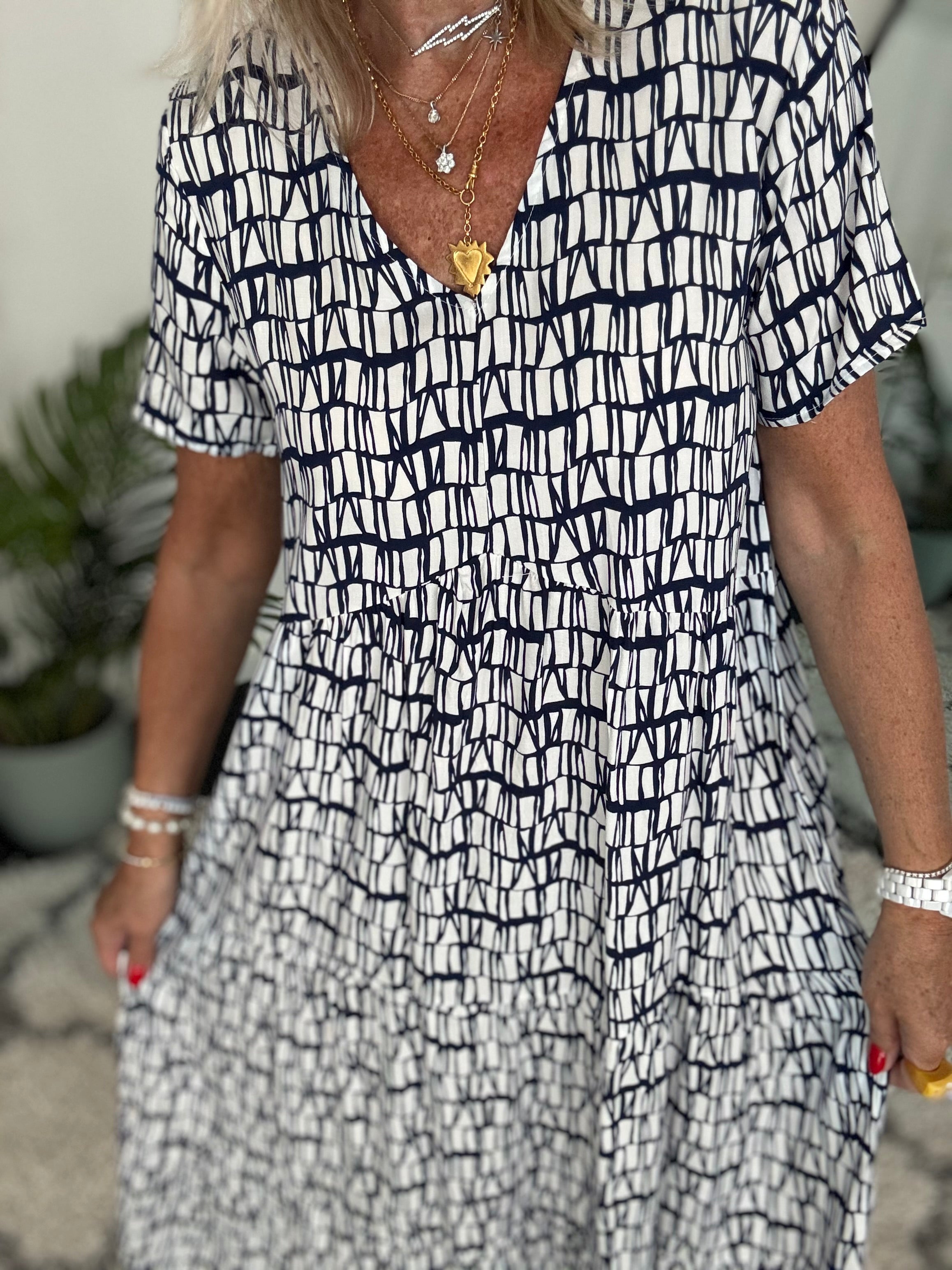 Pattern Tiered Dress with V Neck in Ink