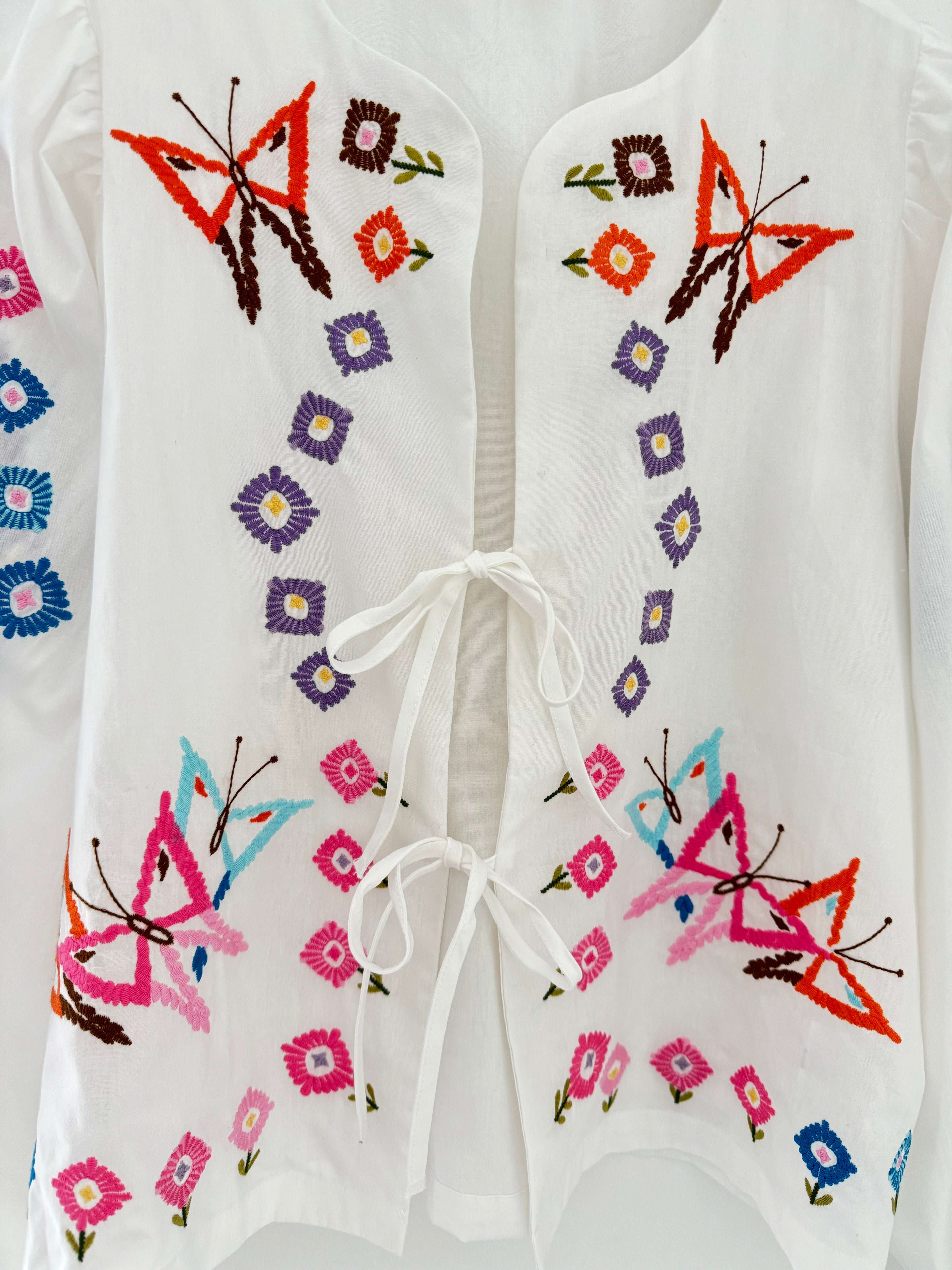 Embroidered Shirt Jacket with Tie Front
